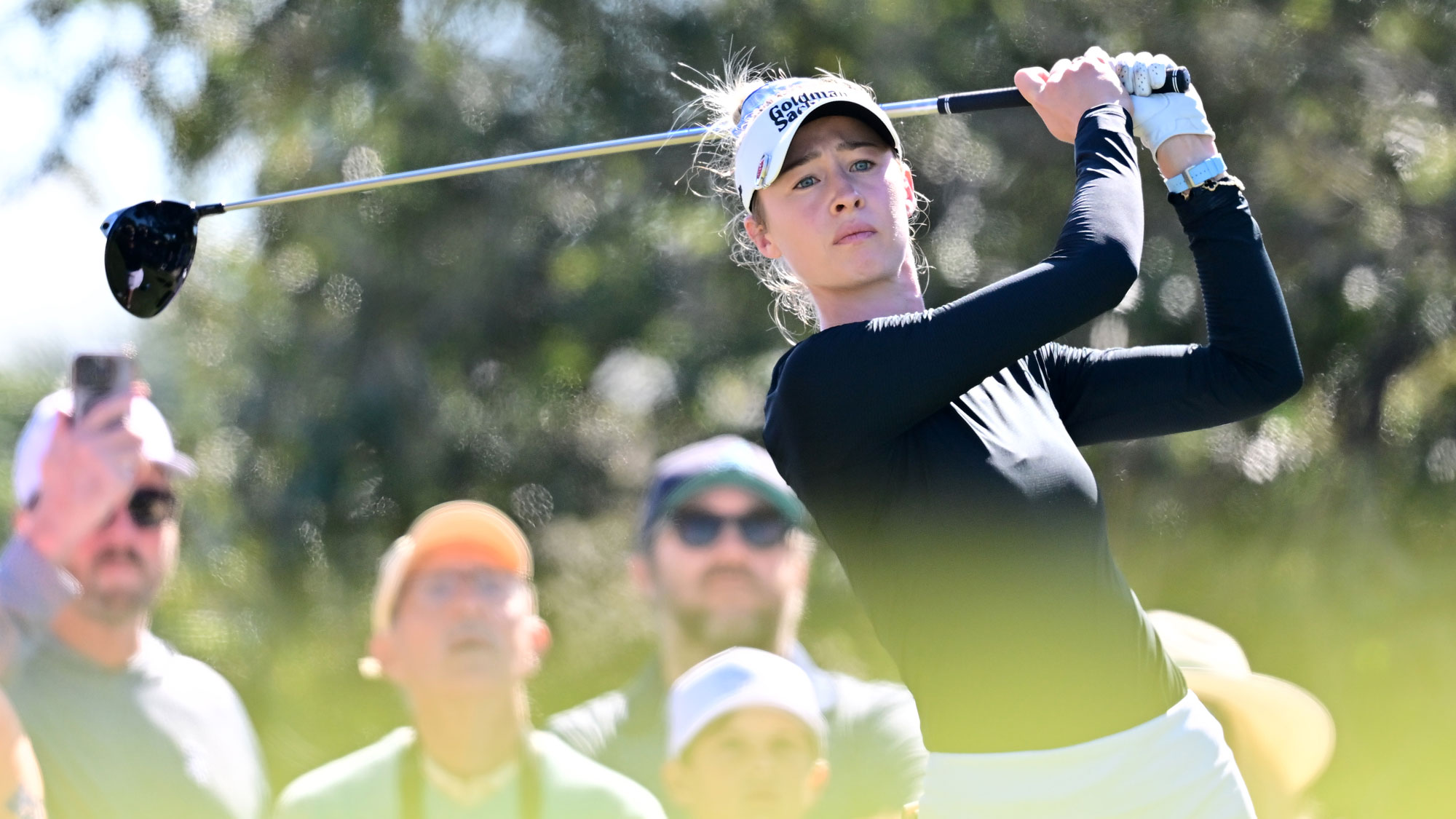 Nelly Korda of the United States plays her shot from the fifth tee during the final round of The ANNIKA driven by Gainbridge at Pelican 2025 at Pelican Golf Club on November 16, 2025 in Belleair, Florida.
