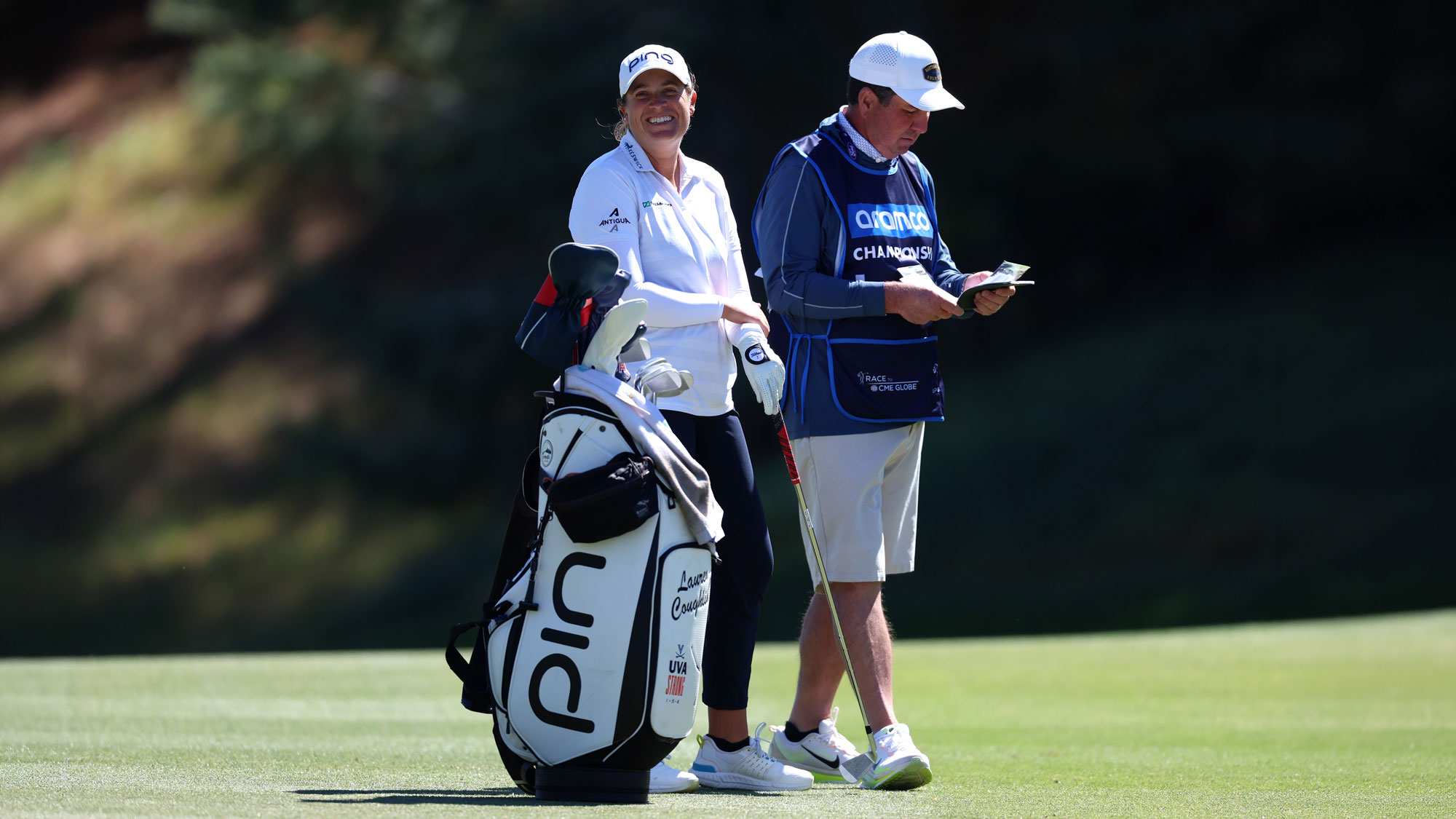 Lauren Coughlin of the United States laughs on the ninth hole alongside her caddie during the second round of the Aramco Championship 2026 at Shadow Creek Golf Course on April 03, 2026 in Las Vegas, Nevada.