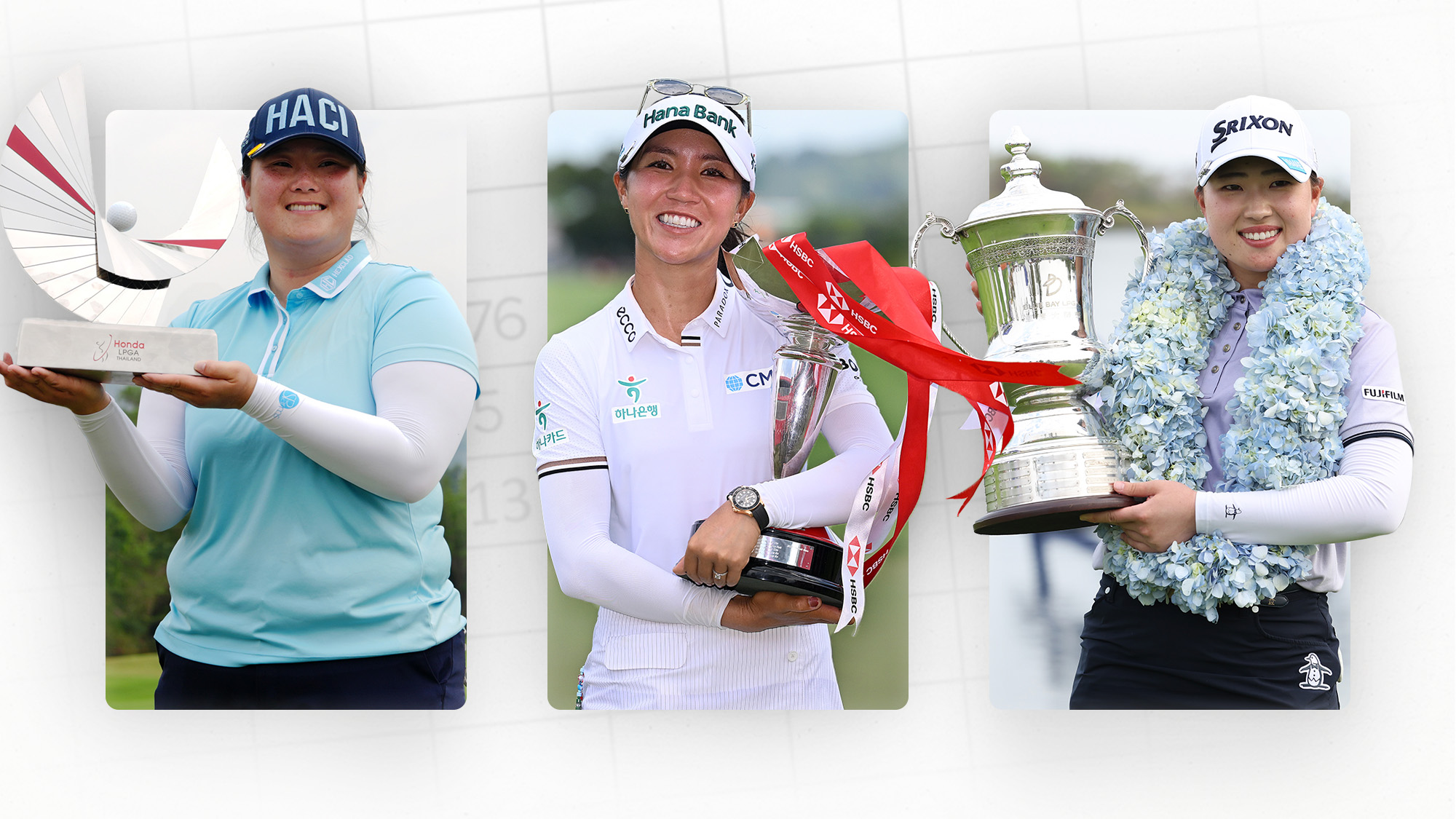 Angel Yin (Honda LPGA Thailand), Lydia Ko (HSBC Women's World Championship), Rio Takeda (Blue Bay LPGA)