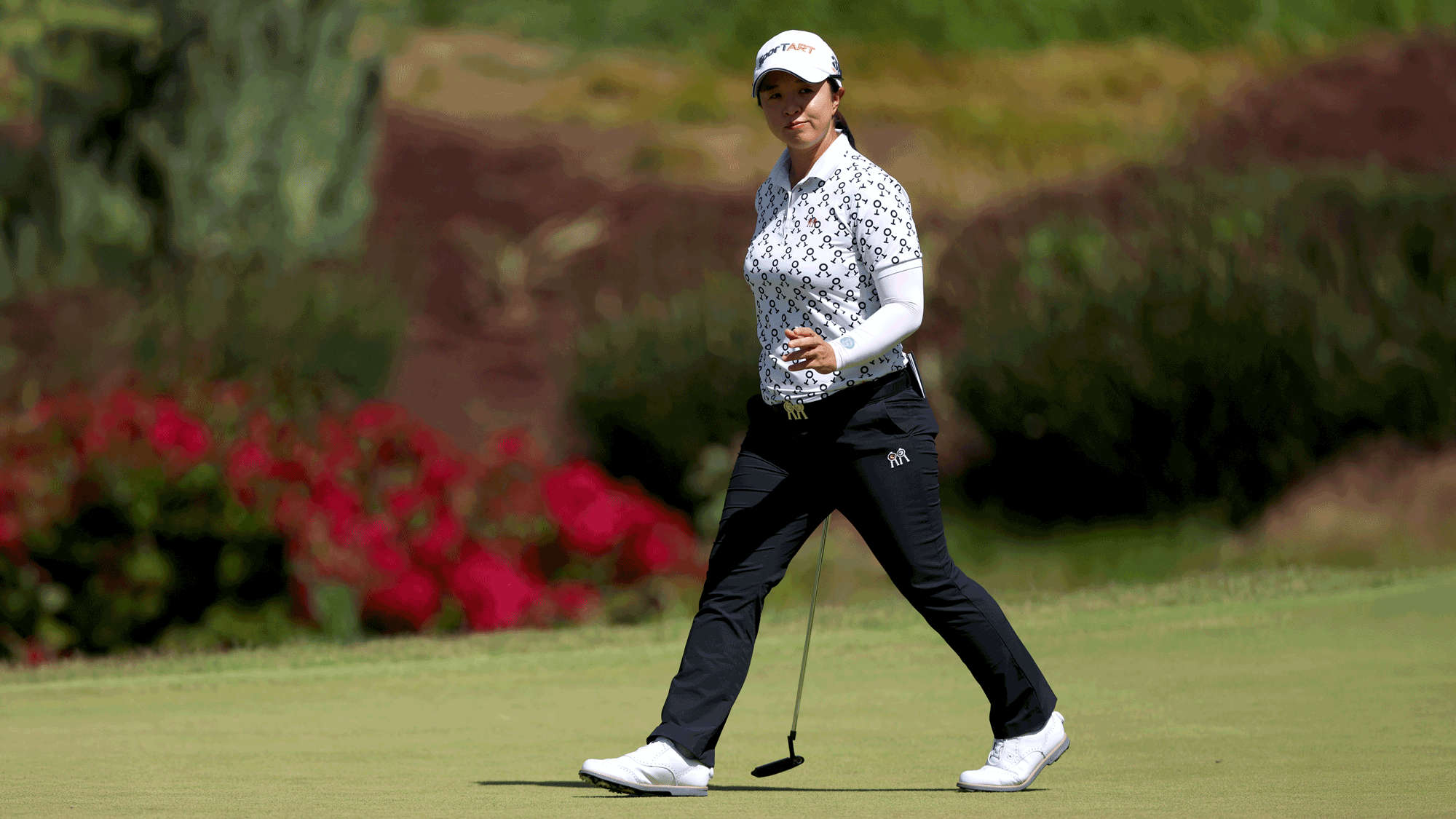 Sei Young Kim of South Korea reacts to birdie on the fifth hole during the third round of the JM Eagle LA Championship presented by Plastpro at El Caballero Country Club on April 18, 2026 in Tarzana, California.