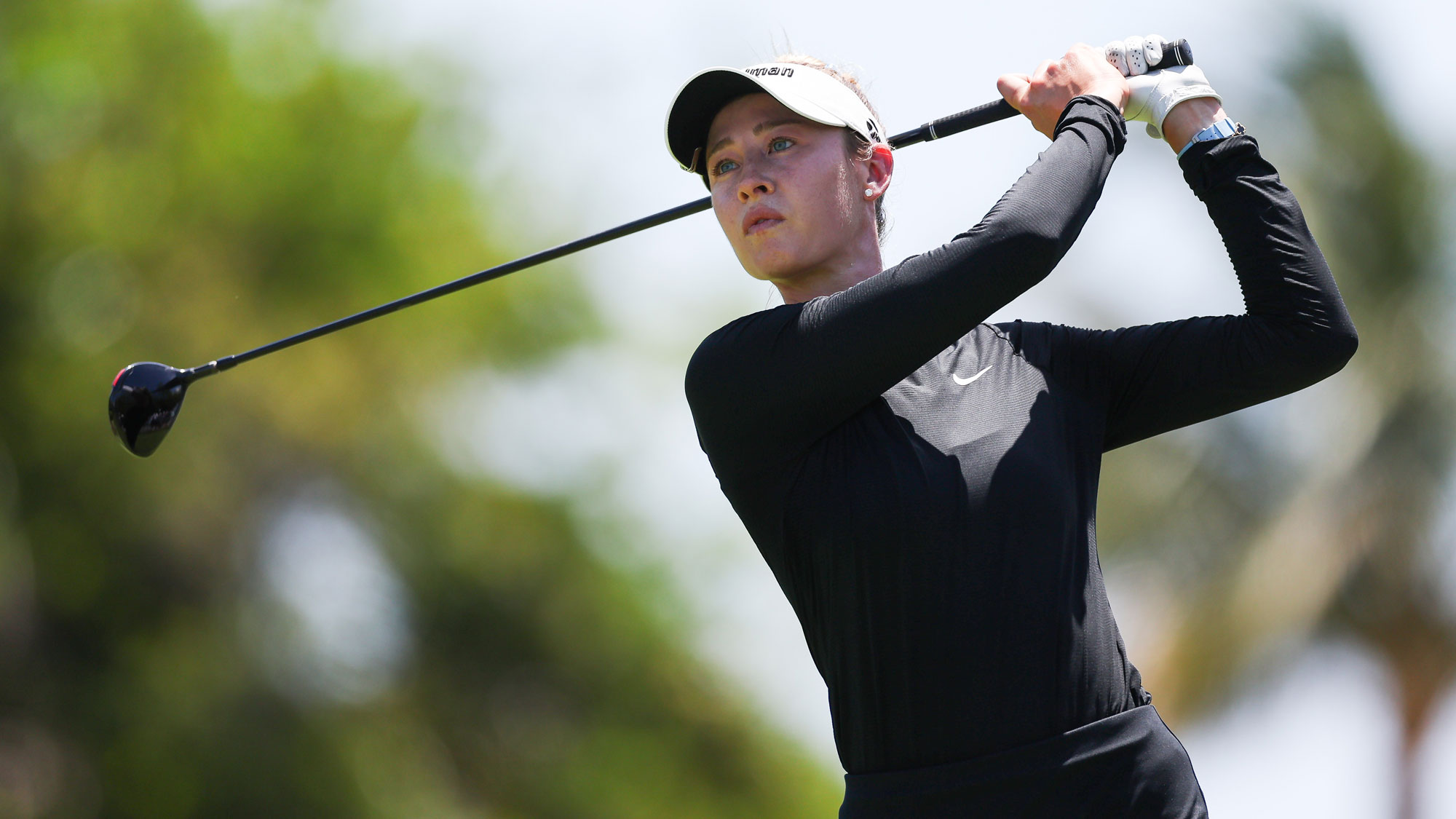 Nelly Korda of the United States plays her shot from the 16th tee during the second round of the Mexico Riviera Maya Open at Mayakoba 2026 at El Camaleon at Mayakoba on May 01, 2026 in Playa del Carmen, Mexico.