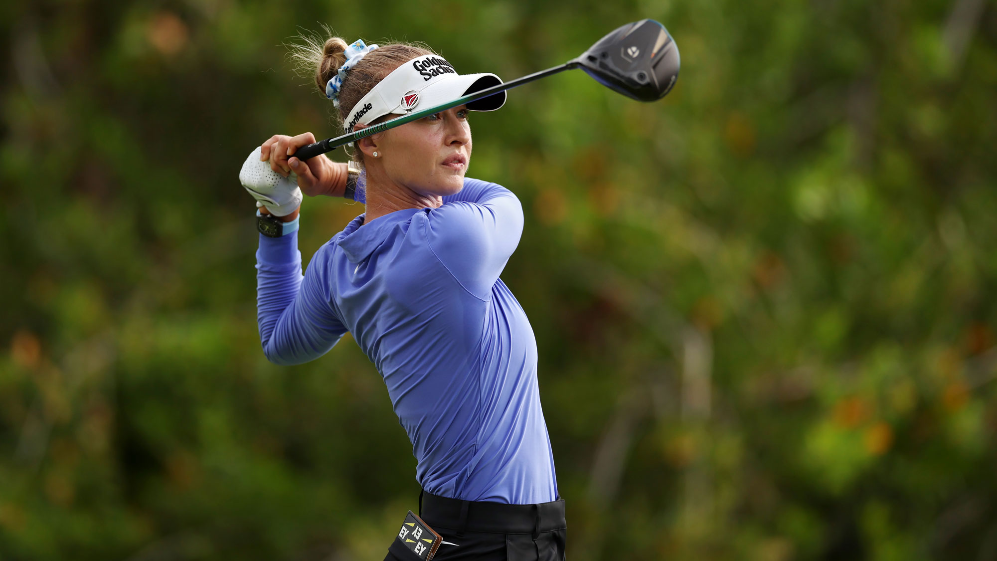 Nelly Korda of the United States plays a shot from the third tee during the final round of the Mexico Riviera Maya Open at Mayakoba 2026 at El Camaleon at Mayakoba on May 03, 2026 in Playa del Carmen, Mexico.