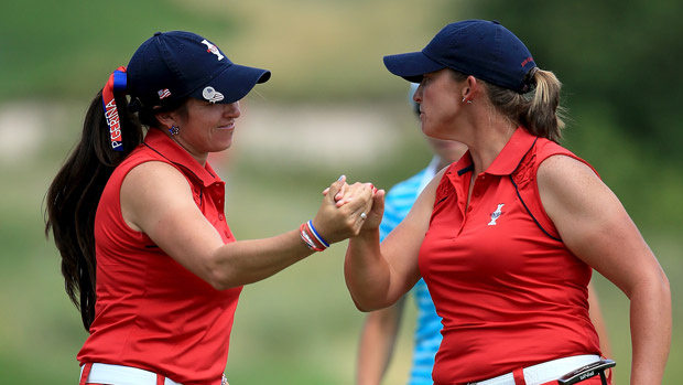 Gerina Piller and Angela Stanford during the afternoon four-ball matches at the Solheim Cup