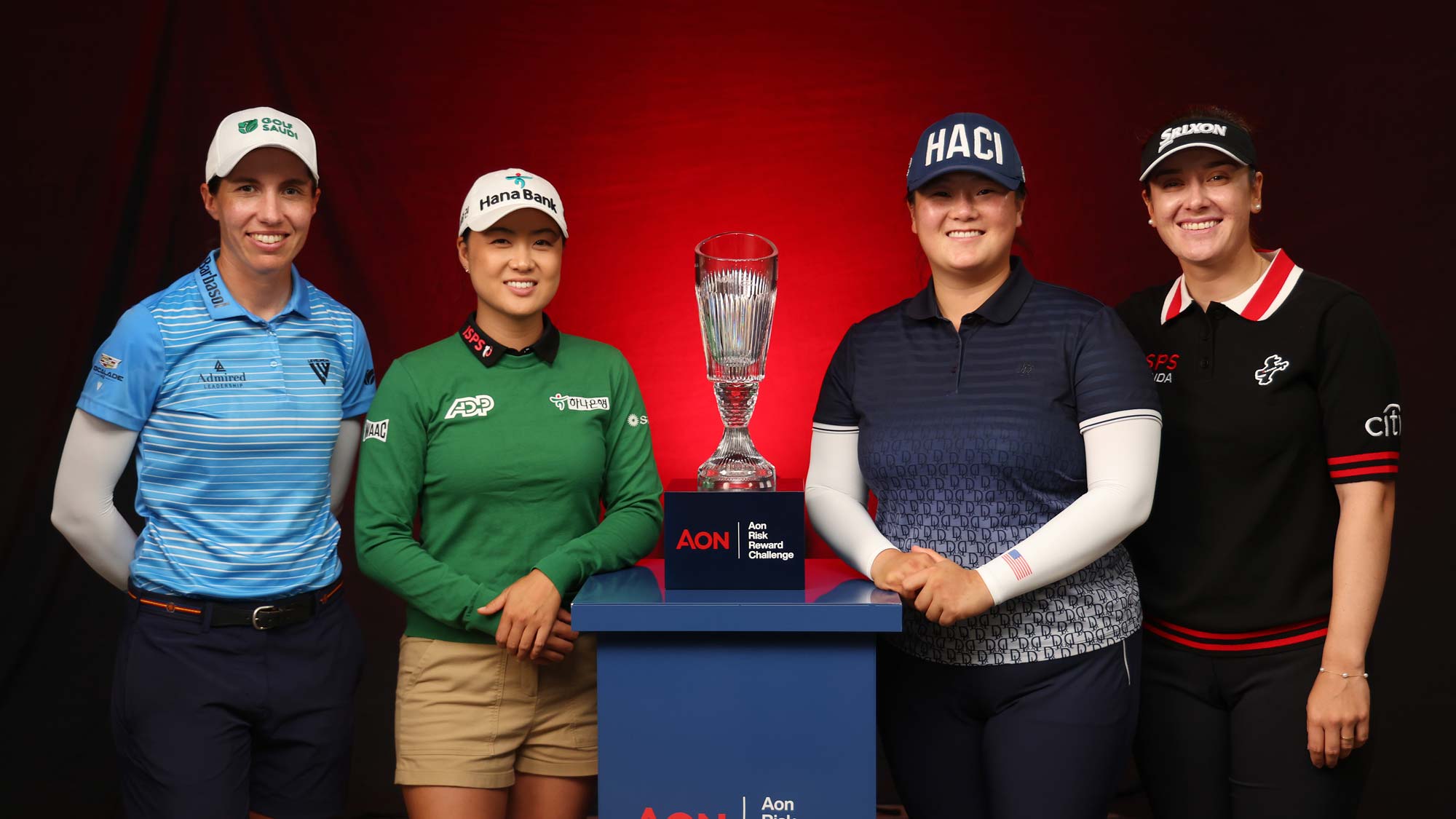 (L-R) 2019 winner Carlota Ciganda of Spain, 2022 winner Minjee Lee of Australia, 2023 winner Angel Yin of the United States and 2021 winner Hannah Green of Australia pose for a photo with the trophy during the 2023 AON Risk Reward Challenge Presentation at Tiburon Golf Club on November 14, 2023 in Naples, Florida.