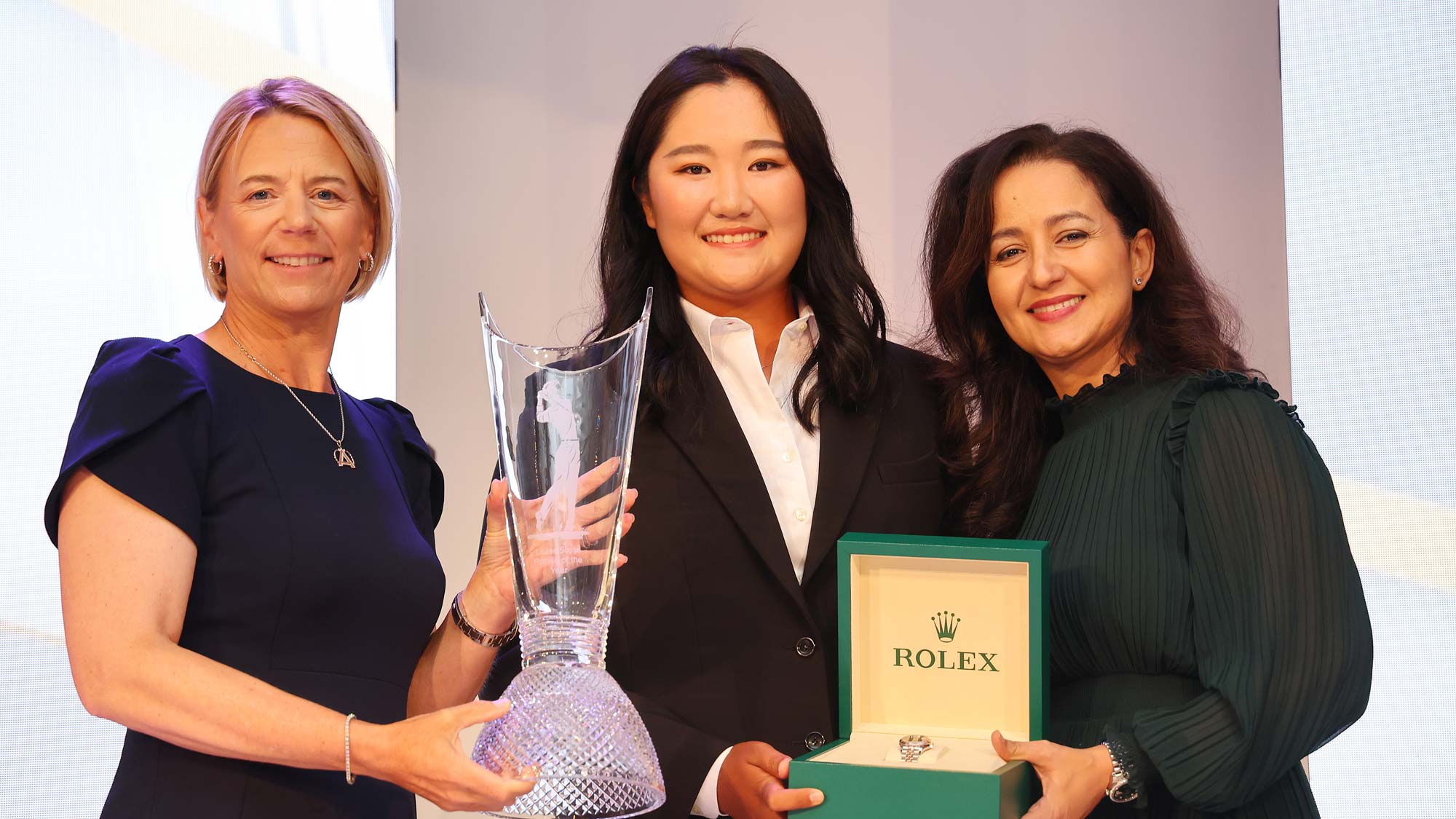 Hae Ran Ryu of South Korea poses with Annika Sorenstam and Rolex Vice President of Marketing and Communications Mounia Mechbal as she accepts the 2023 Louise Suggs Rolex Rookie of the Year award during the 2023 LPGA Rolex Players Awards at Tiburon Golf Club on November 16, 2023 in Naples, Florida. 