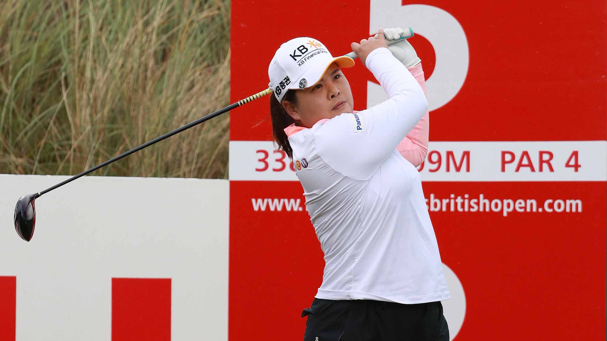 Inbee Park of Korea tees off on the 5th hole during a pro-am round prior to the Ricoh Women's British Open at Kingsbarns Golf Links