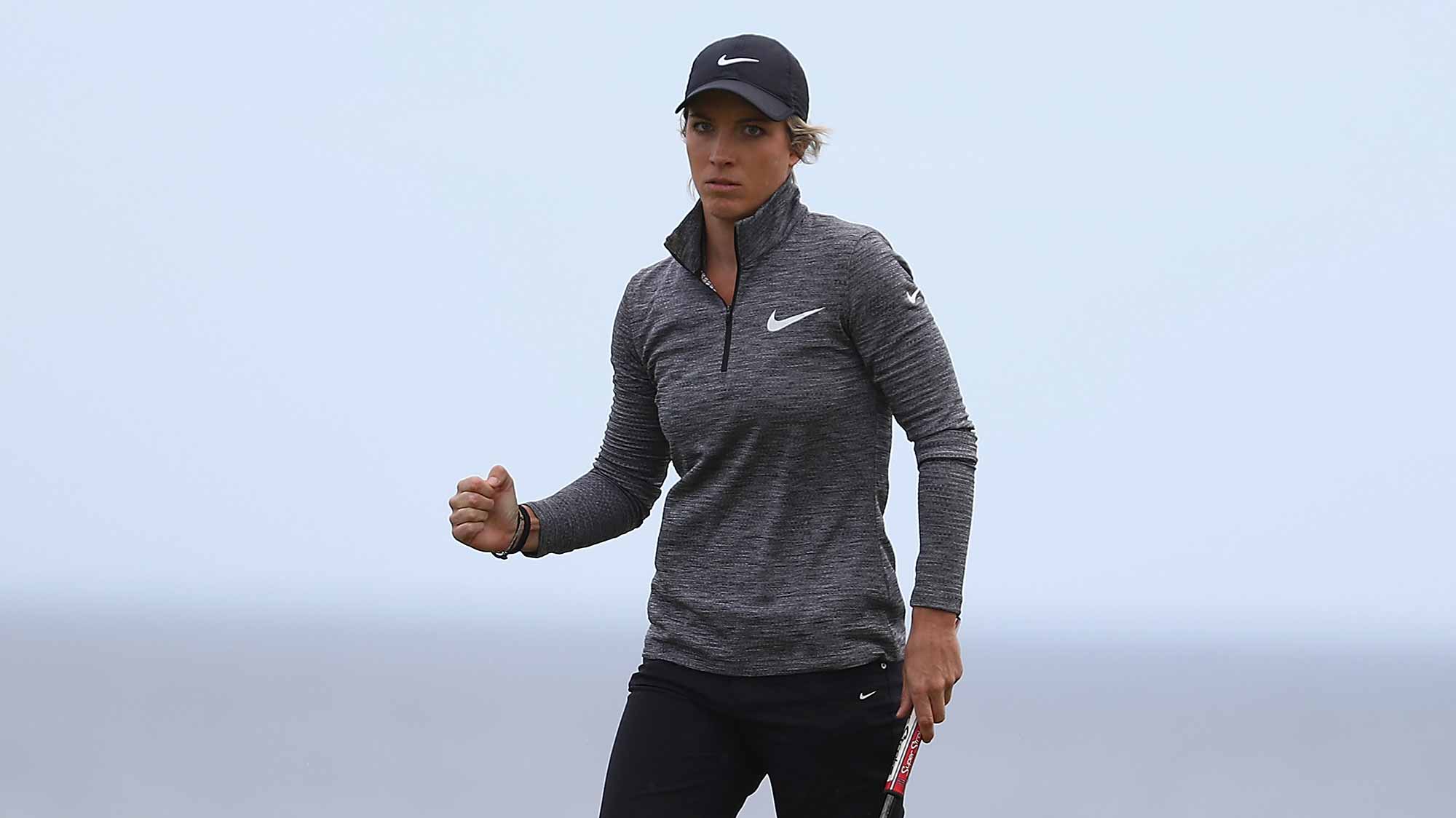 Mel Reid of England reacts to a putt on the 17th green during the first round of the Ricoh Women's British Open at Kingsbarns Golf Links