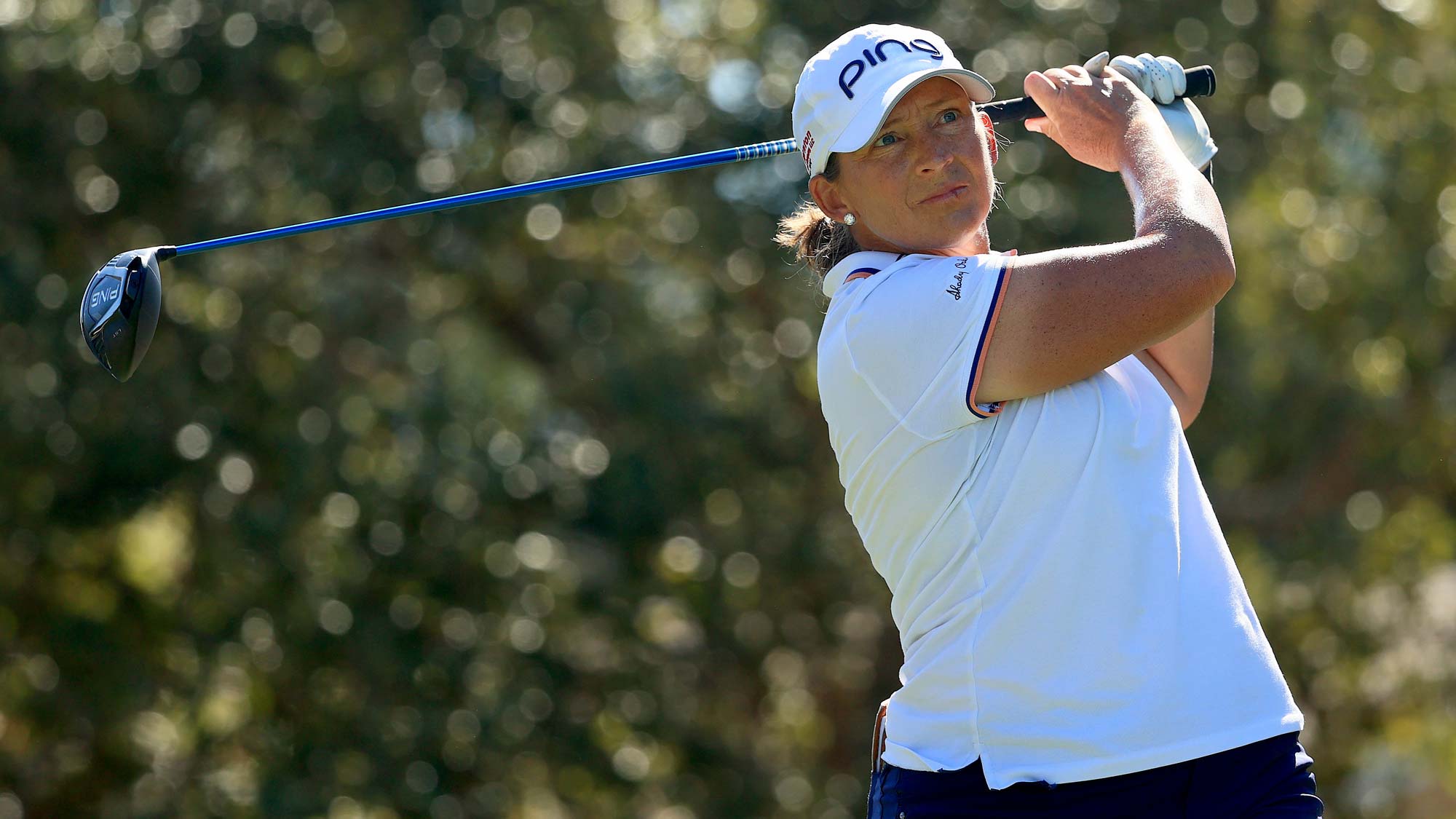 Angela Stanford hits her tee shot on the fifth hole during the second round of the Pelican Women's Championship