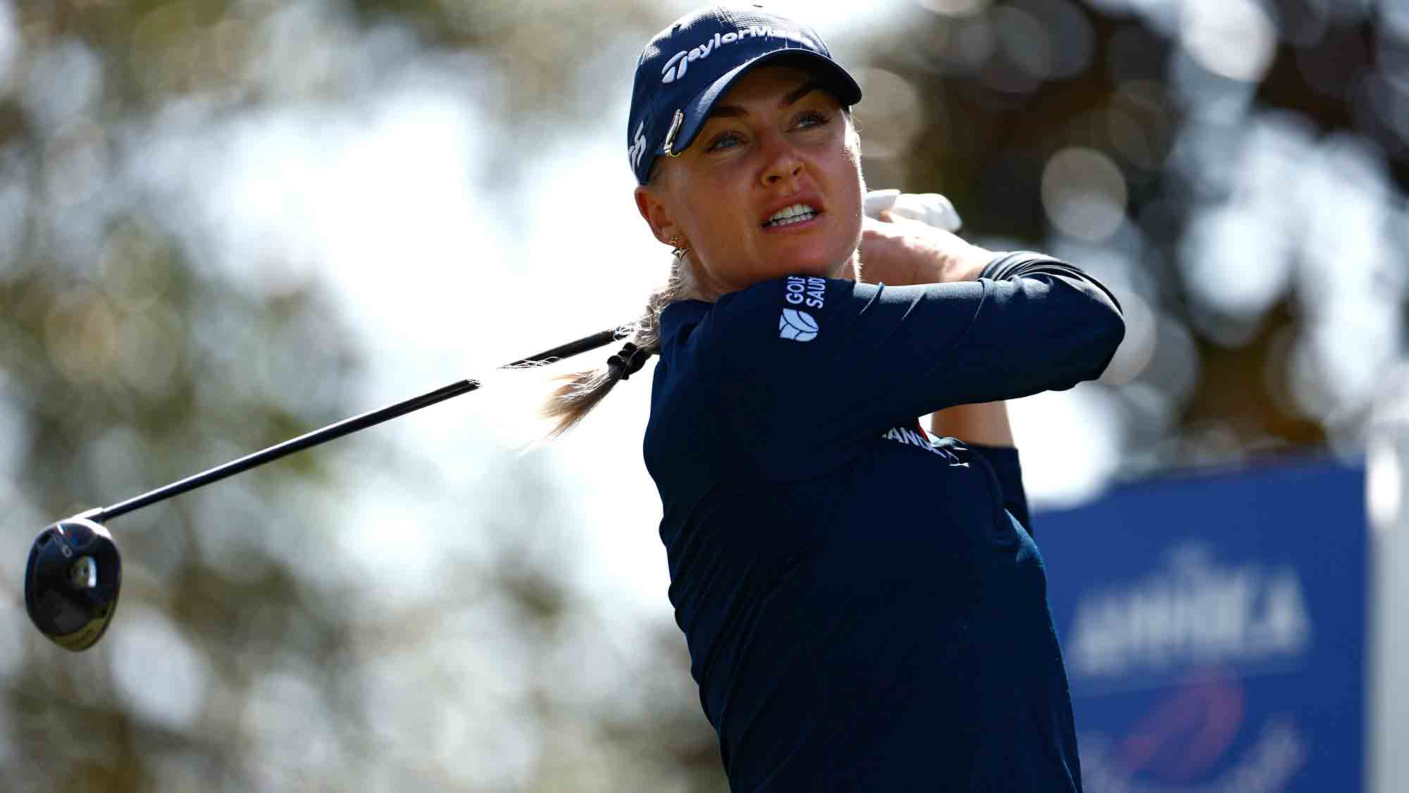 Charley Hull of England plays her shot from the fifth tee during the first round of The ANNIKA driven by Gainbridge at Pelican 2024 at Pelican Golf Club on November 14, 2024 in Belleair, Florida.