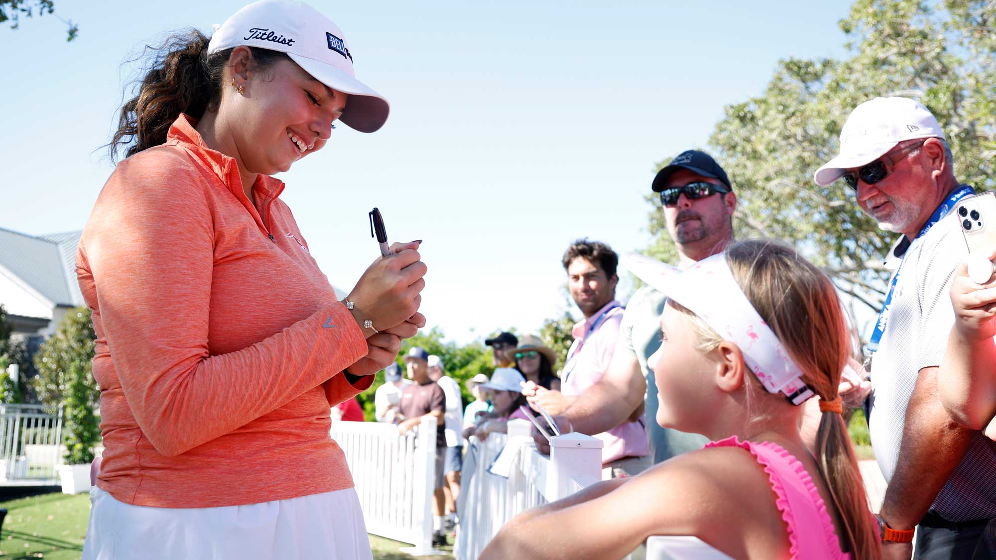 Alexa Pano of the United States signs autographs after completing her second round of The ANNIKA driven by Gainbridge at Pelican 2024 at Pelican Golf Club on November 15, 2024 in Belleair, Florida.