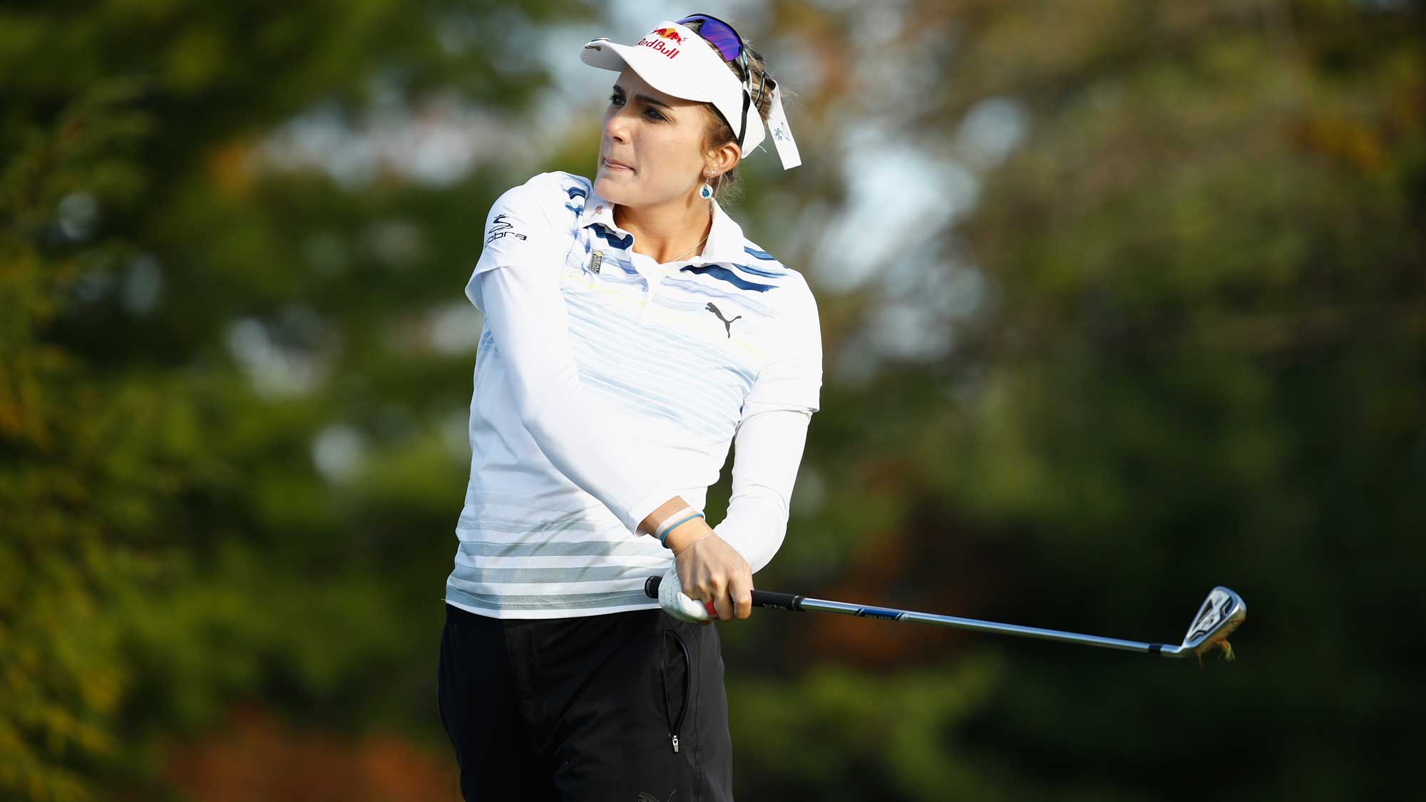 Lexi Thompson hits her tee shot on the 12th hole during the first round of the Indy Women In Tech Championship-Presented By Guggenheim