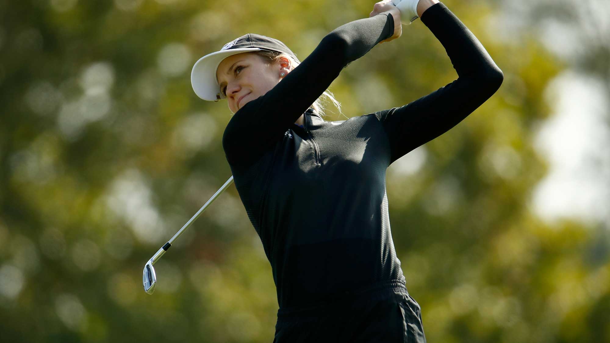 Olafia Kristinsdottir of Iceland hits her tee shot on the 4th hole during the final round of the Indy Women In Tech Championship-Presented By Guggenheim