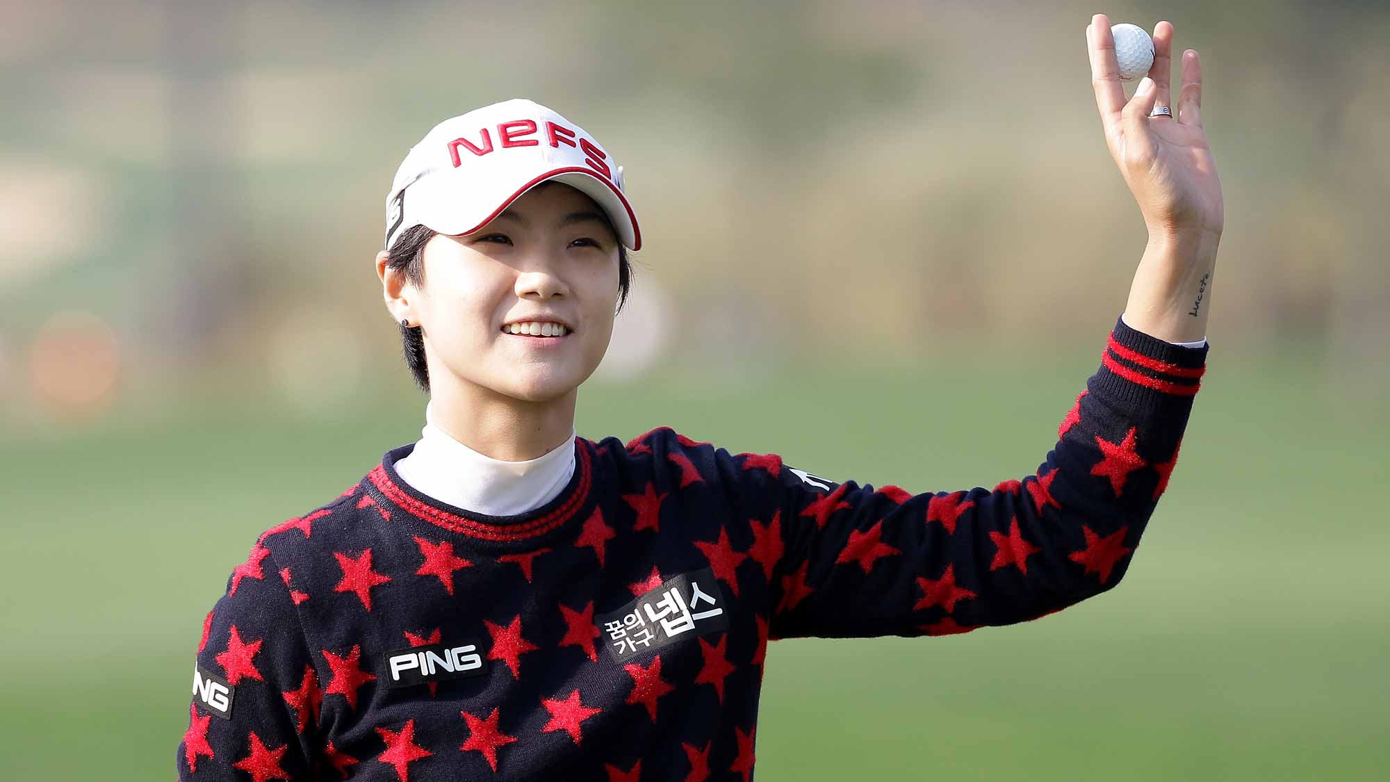 Sung Hyun Park of South Korea reacts after a birdie putt on the 18th hole during the first round of LPGA KEB Hana Bank Championship at Sky 72 Golf Club Ocean Course