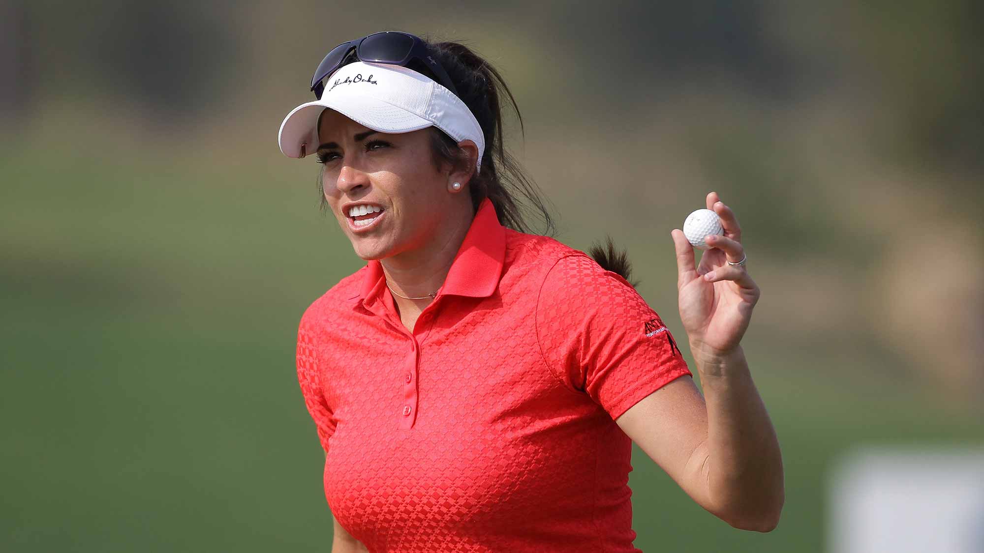 Gerina Piller of United States reacts after a putt on the 9th hole during the first round of LPGA KEB Hana Bank Championship at Sky 72 Golf Club Ocean