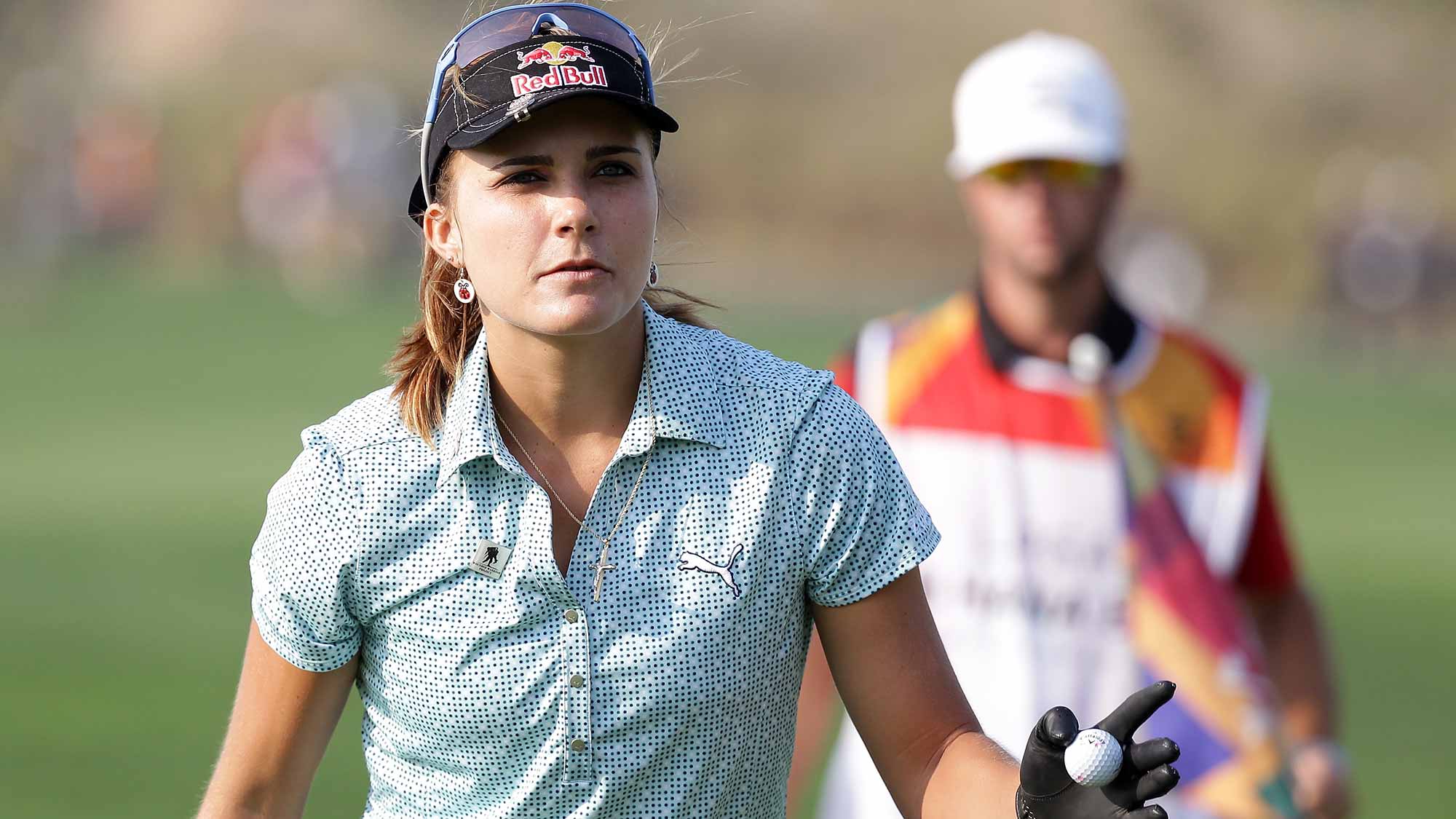 Lexi Thompson of United States reacts after a putt on the 18th green during the first round of LPGA KEB Hana Bank Championship at Sky 72 Golf Club Ocean Course