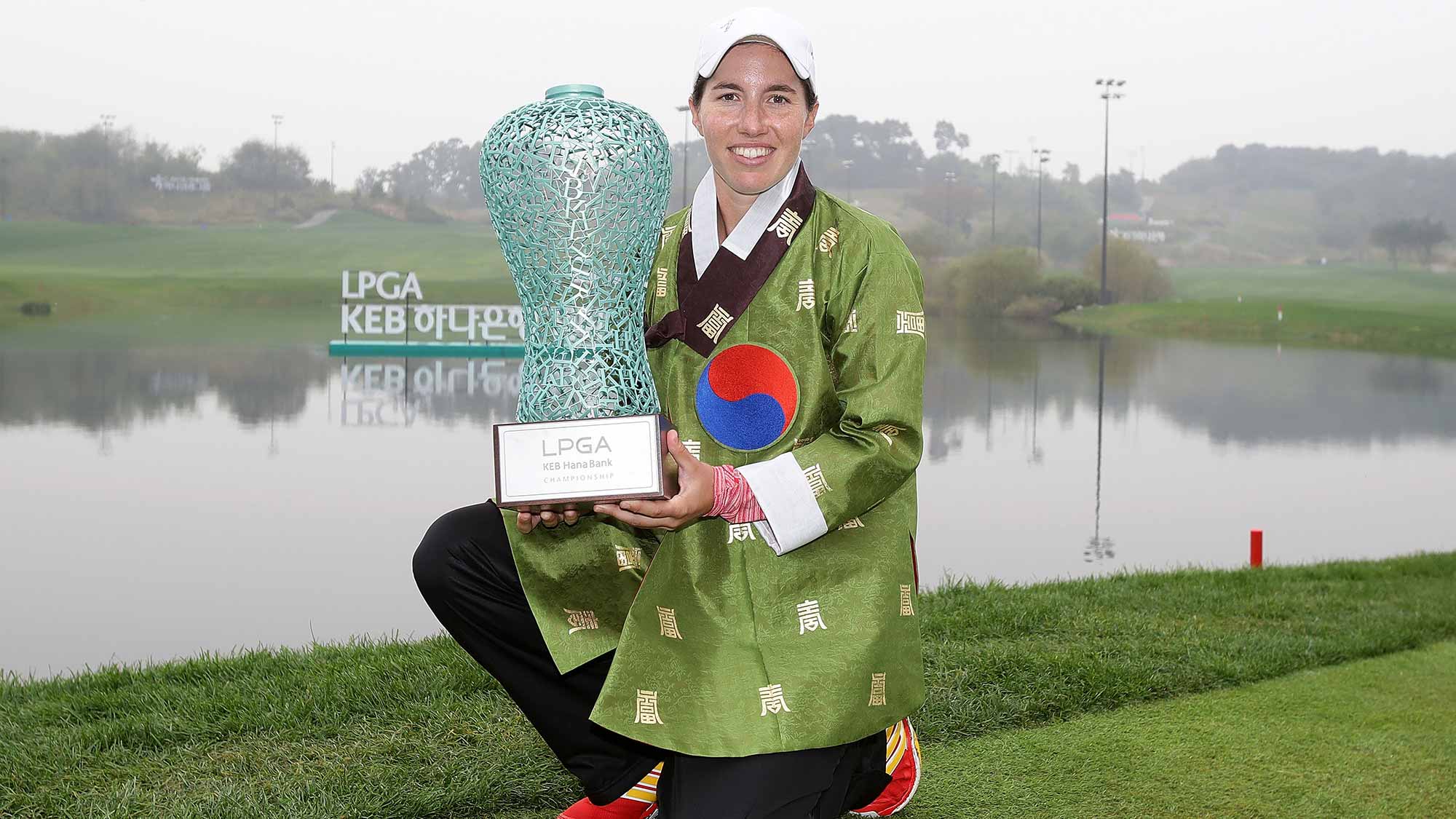 Carlota Ciganda of Spain lifts the winners trophy during a ceremony following the LPGA KEB-Hana Bank Championship at the Sky 72 Golf Club Ocean Course