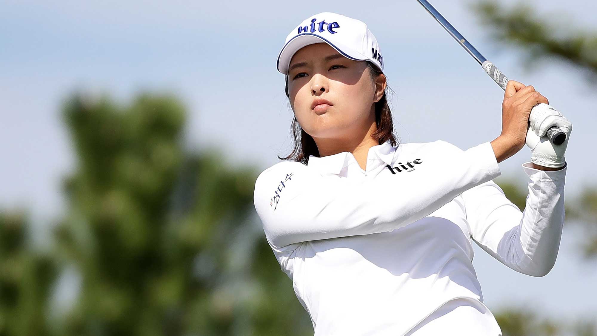 Jin-Young Ko of South Korea plays a tee shot on the 3rd hole during the final round of the LPGA KEB Hana Bank Championship