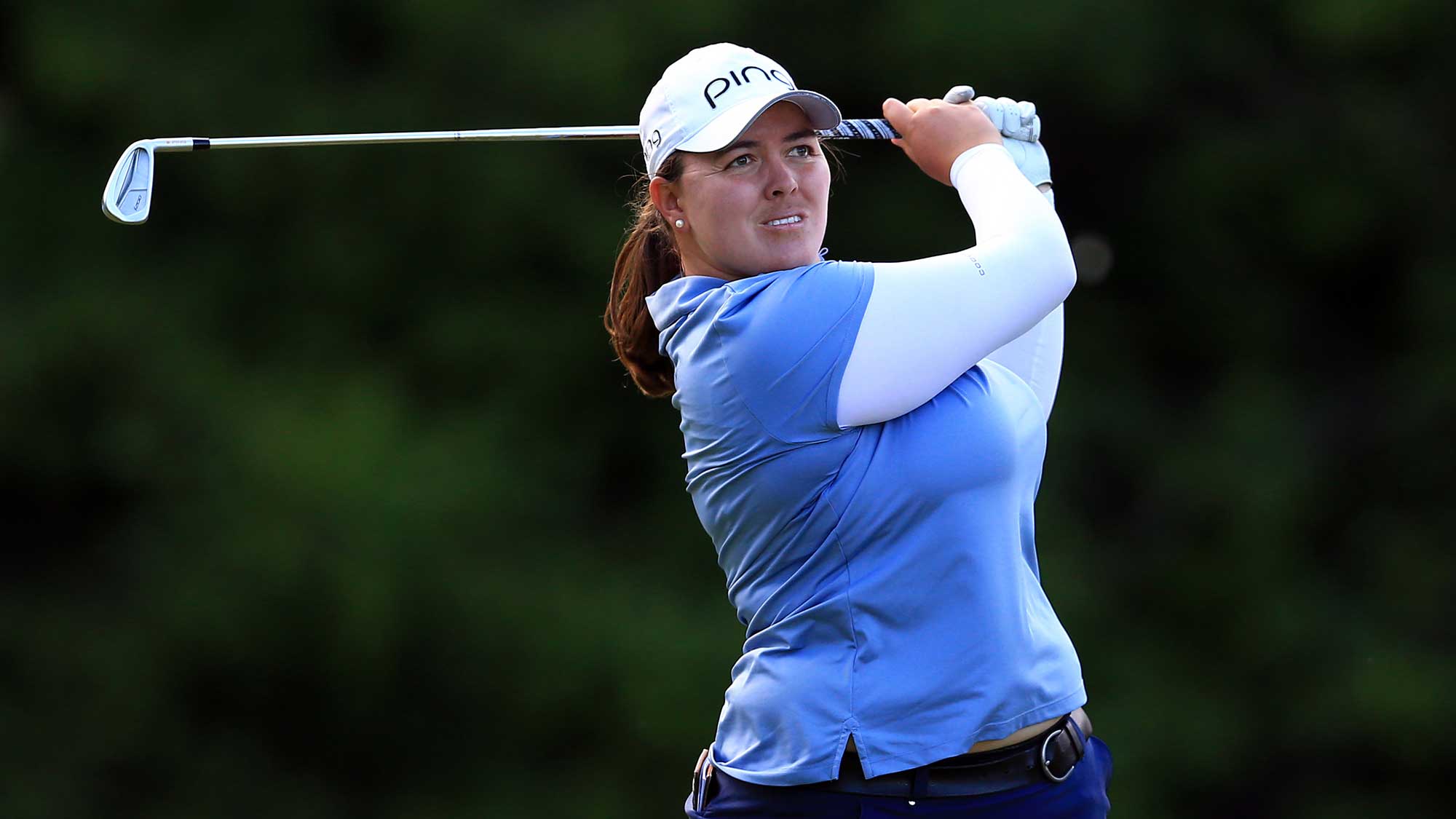 Laura Escallon of Belgium watches her tee shot on the 17th hole during the first round of the Manulife LPGA Classic