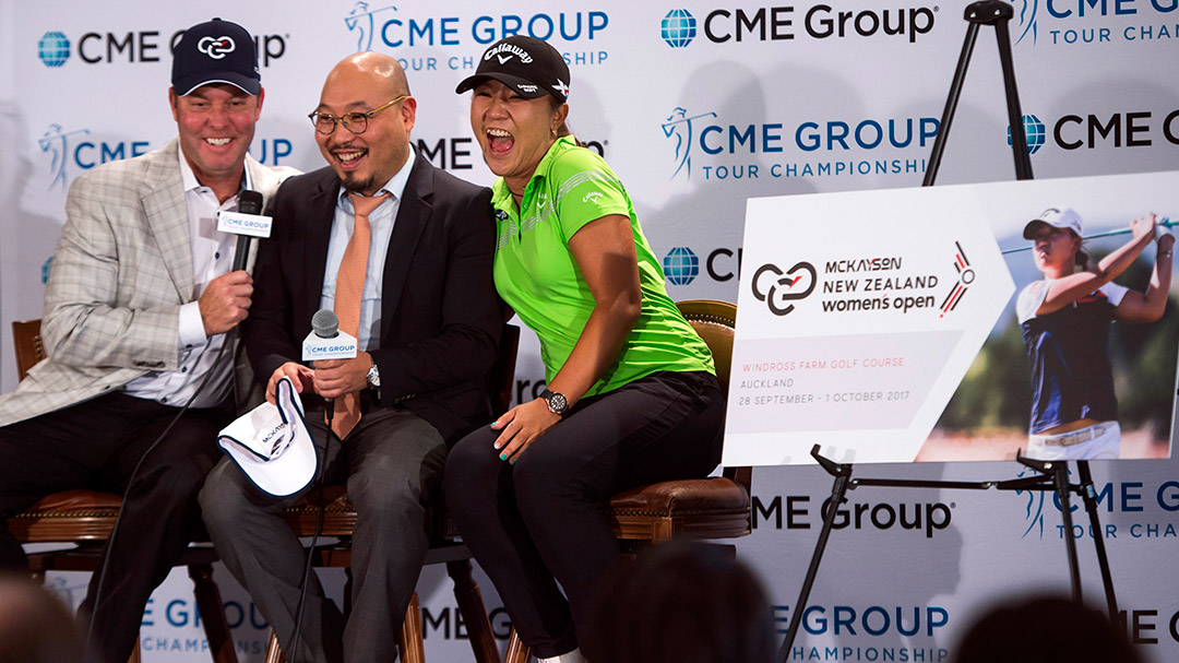 Mike Whan (left) and Lydia Ko (right) announce that the LPGA Tour is headed to New Zealand in 2017 for the MCKAYSON New Zealand Women’s Open with MCS Holdings Inc Chairman Min Cheol Kim (center)