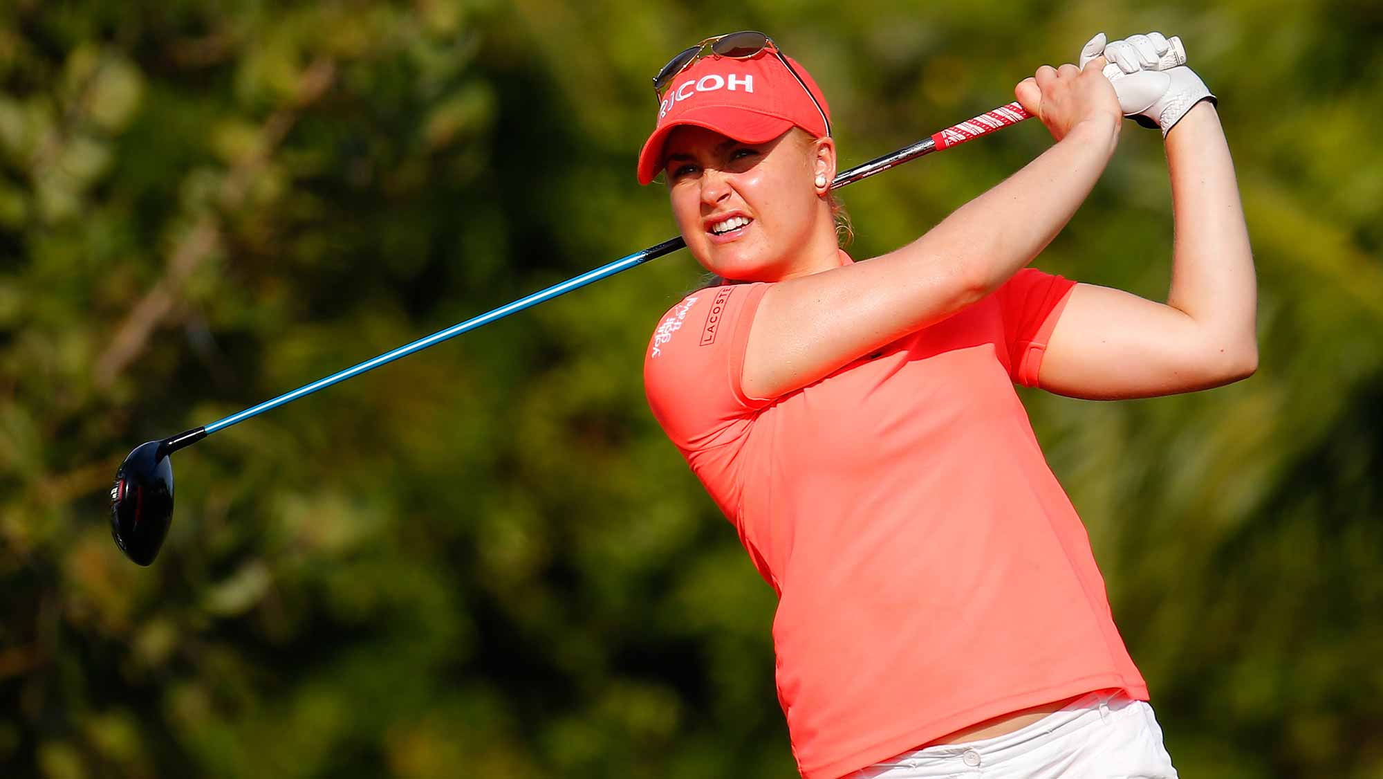 Charley Hull of England tees off the fourth hole during the first round of the Pure Silk Bahamas LPGA Classic at the Ocean Club Golf Course