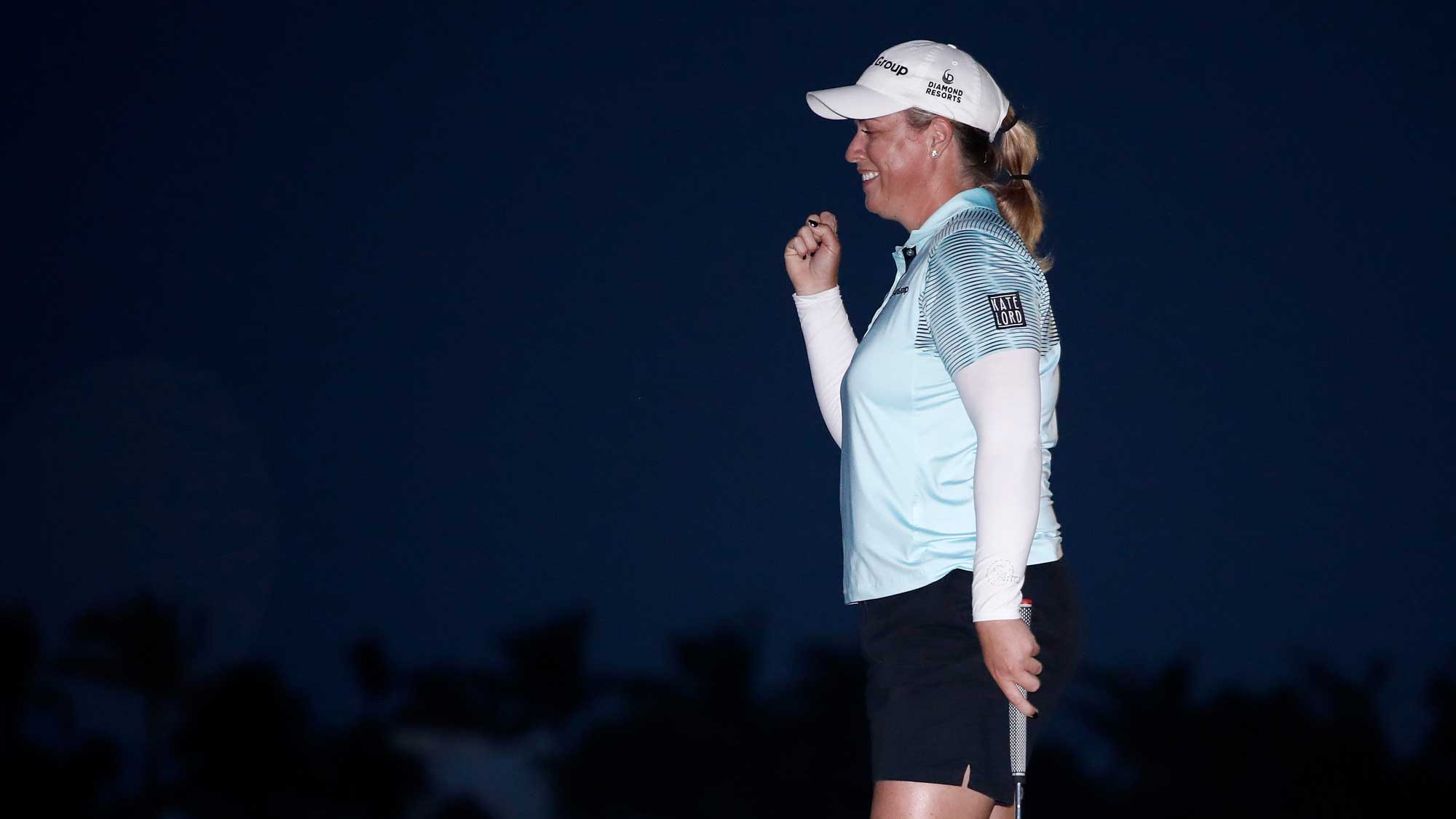 Brittany Lincicome celebrates after putting out on the 18th hole to win the Pure Silk Bahamas LPGA Classic