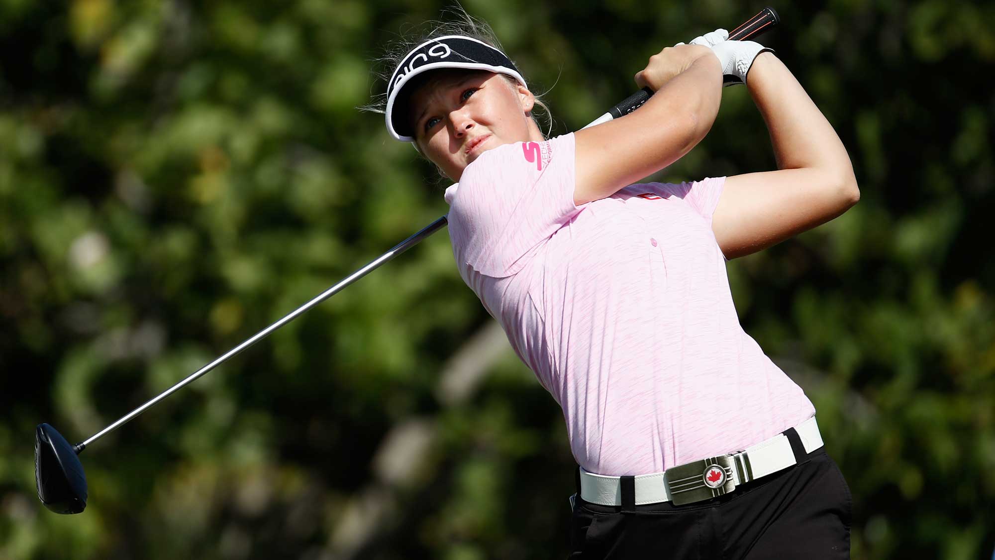 Brooke Henderson of Canada hits her tee shot on the 4th hole during the final round of the Pure Silk Bahamas LPGA Classic