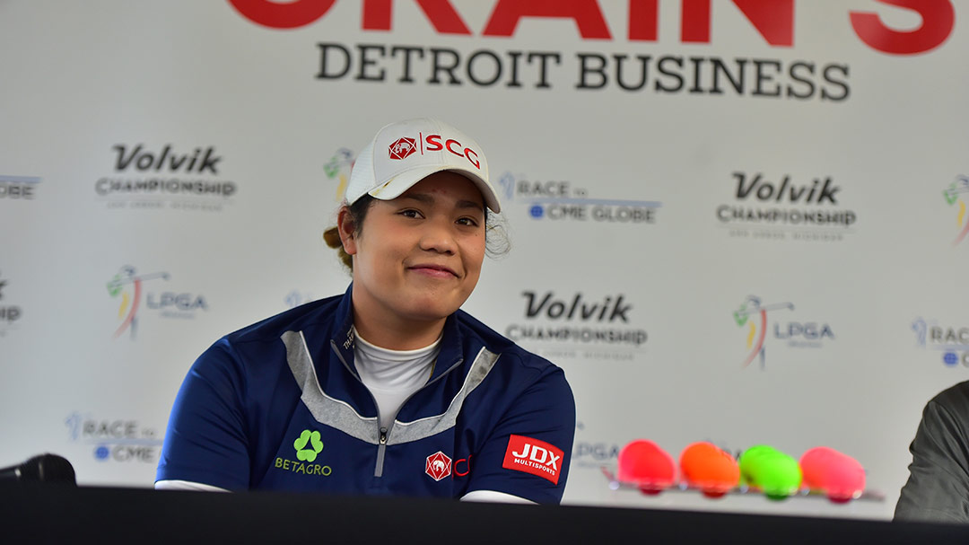 Defending Champion Ariya Jutanugarn talks to the media prior to the start of the 2017 LPGA Volvik Championship