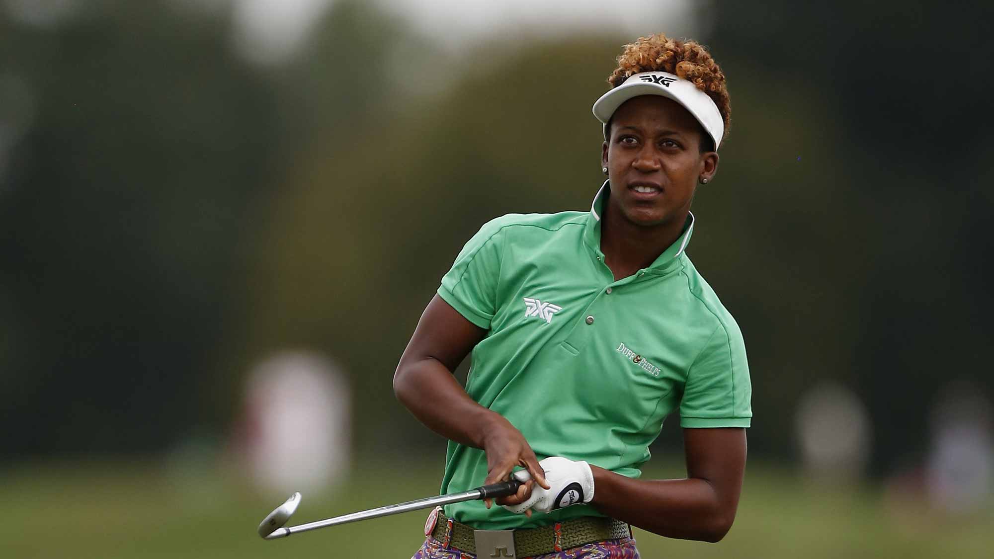 Sadena Parks reacts after teeing off on the 2nd hole during the third round of the Yokohama Tire LPGA Classic at the Robert Trent Jones Golf Trail at Capitol Hill