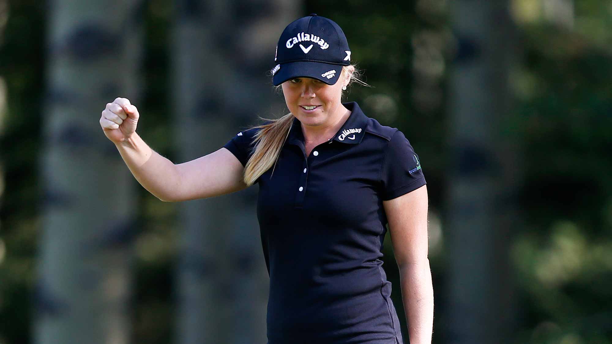 Stephanie Meadow of Northern Ireland reacts to making her birdie putt on the 8th hole during the second round of the Canadian Pacific Women's Open at Priddis Greens Golf and Country Club