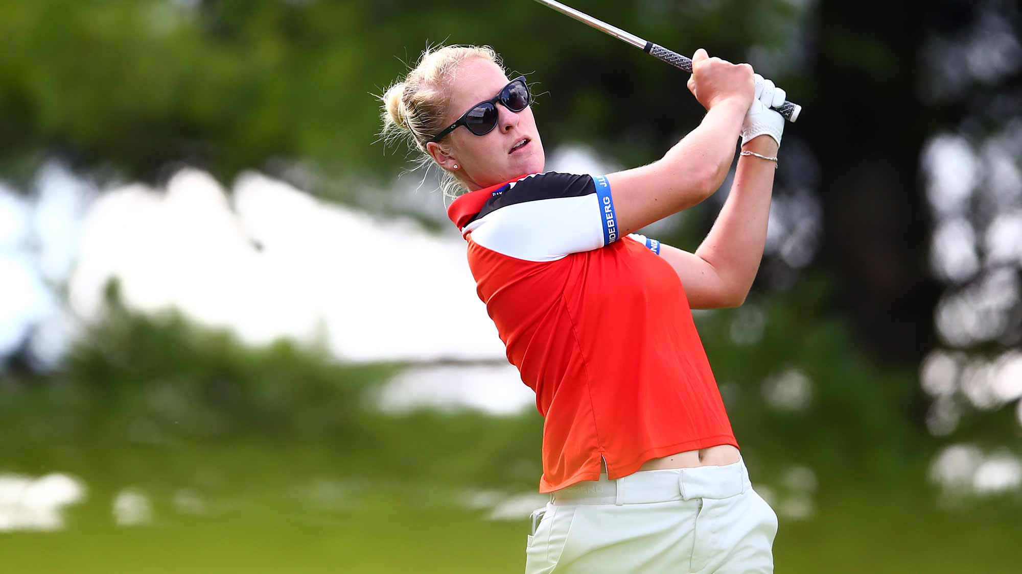 Nicole Broch Larsen of Denmark hits her tee shot on the 2nd hole during the final round of the CP Women's Open at Magna Golf Club on August 25, 2019 in Aurora, Canada