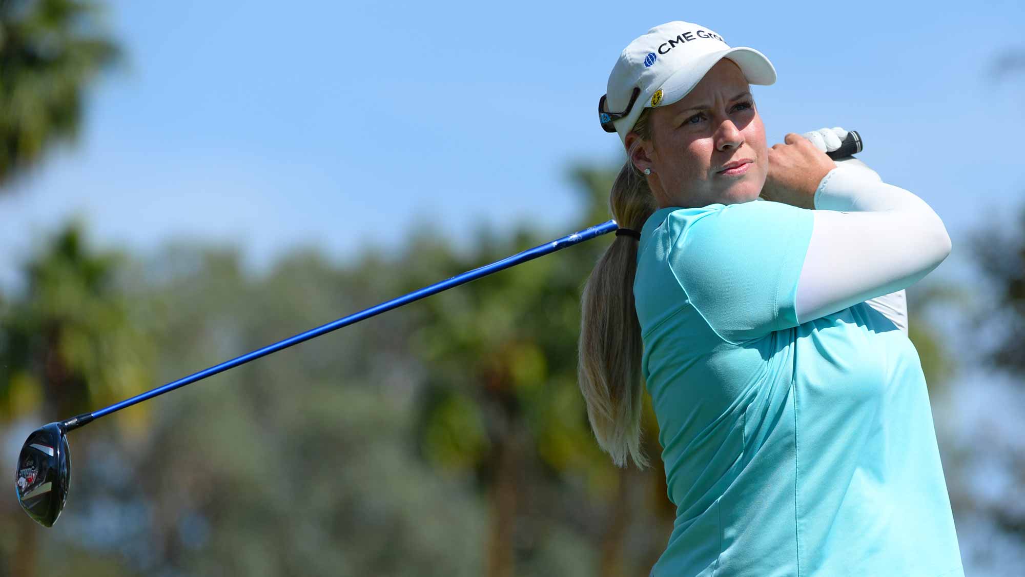 Brittany Lincicome makes a tee shot on the third hole during the final round of the ANA Inspiration on the Dinah Shore Tournament Course at Mission Hills Country Club