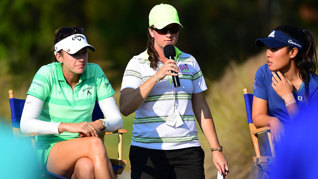 LPGA Tour Professionals Kim Kaufman (left) and Danielle Kang (right) answer questions at the PNC Family Clinic hosted by LPGA*USGA Girls Golf