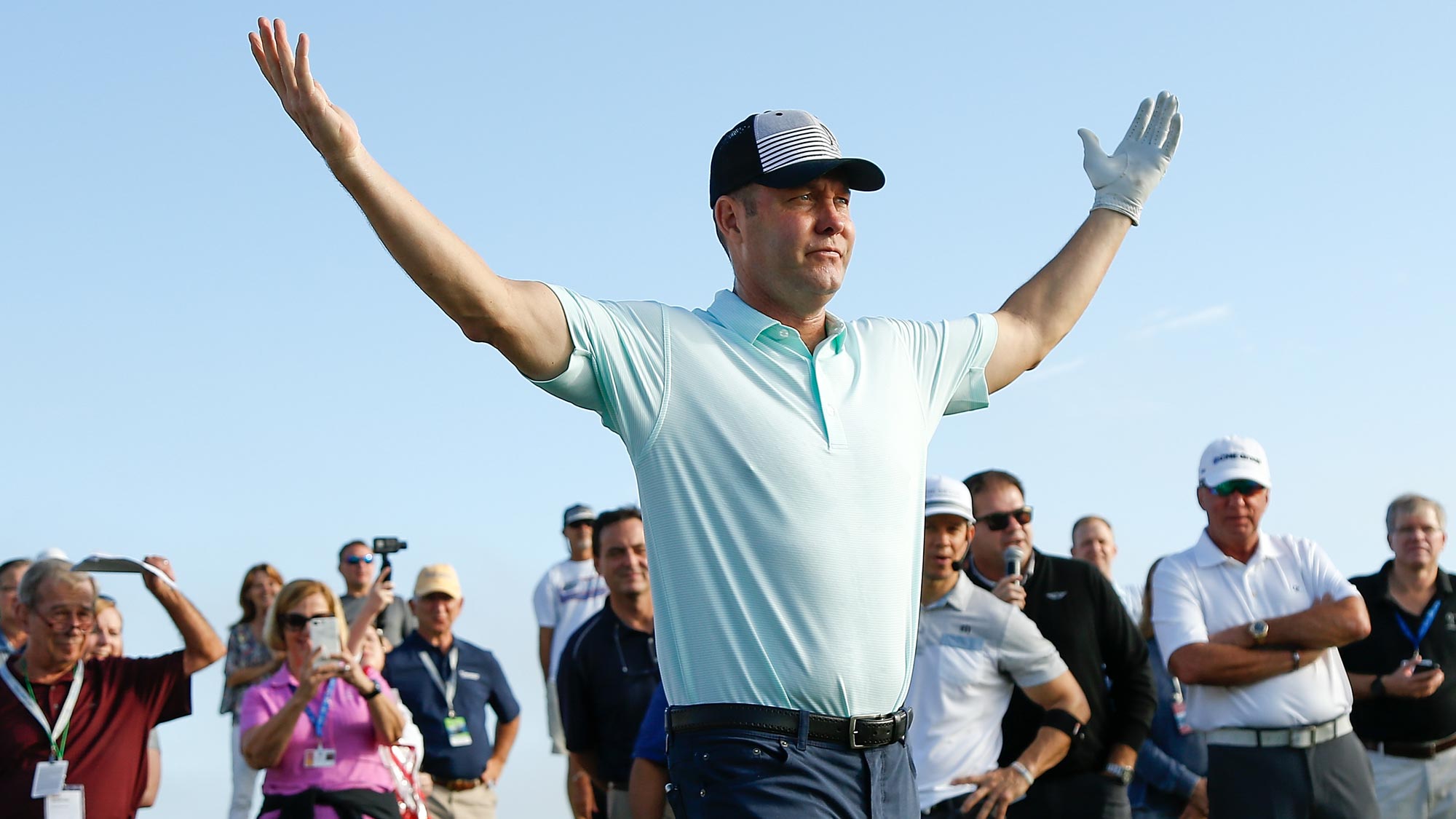 LPGA commissioner Michael Whan reacts after playing a shot during the CME Group charity event to benefit St. Jude Children's Research Hospital prior to the LPGA CME Group Tour Championship