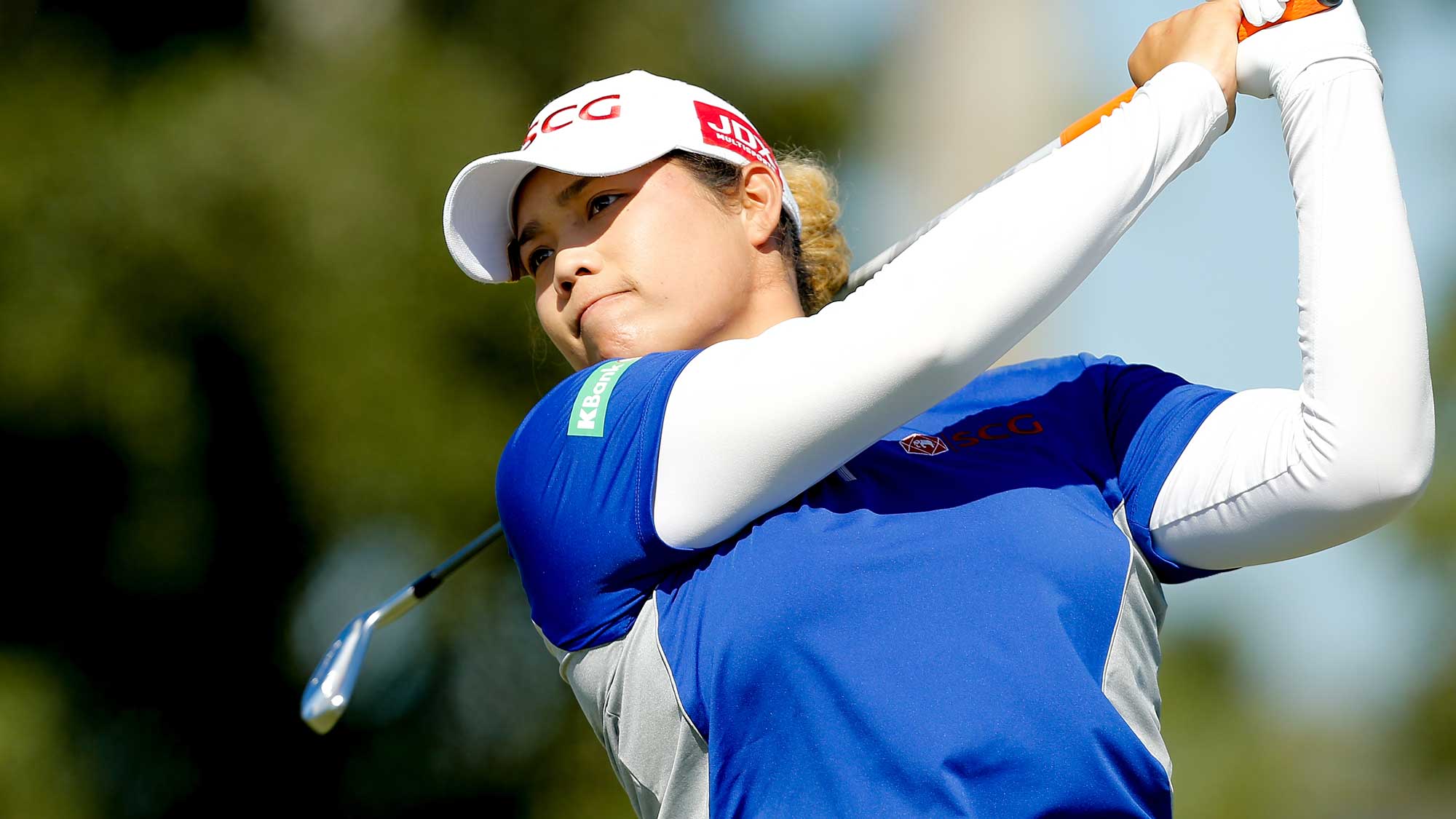 Ariya Jutanugarn of Thailand plays her shot from the ninth tee during the third round of the LPGA CME Group Tour Championship