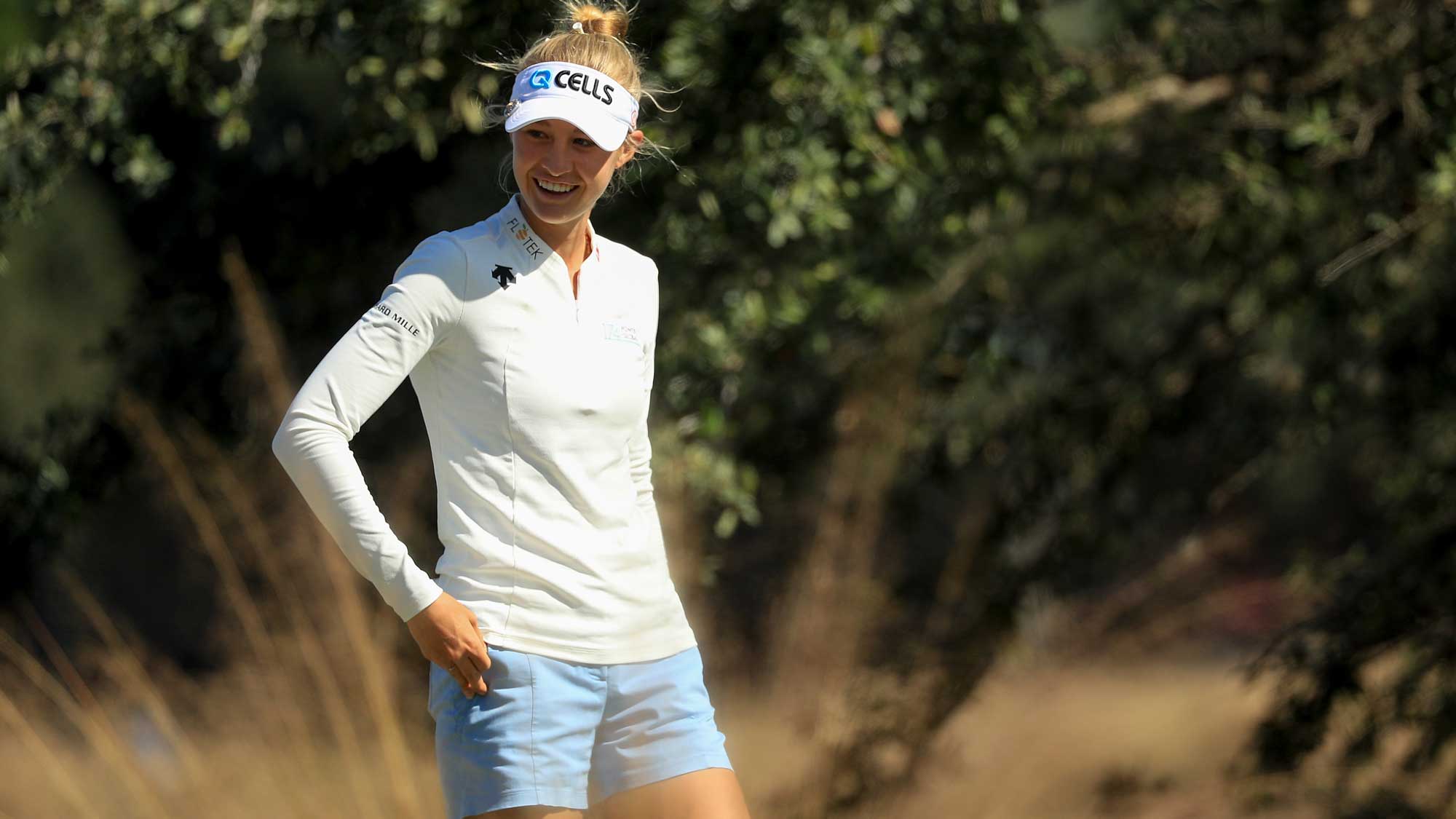 Nelly Korda looks on before playing her shot from the sixth tee during the third round of the LPGA CME Group Tour Championship 