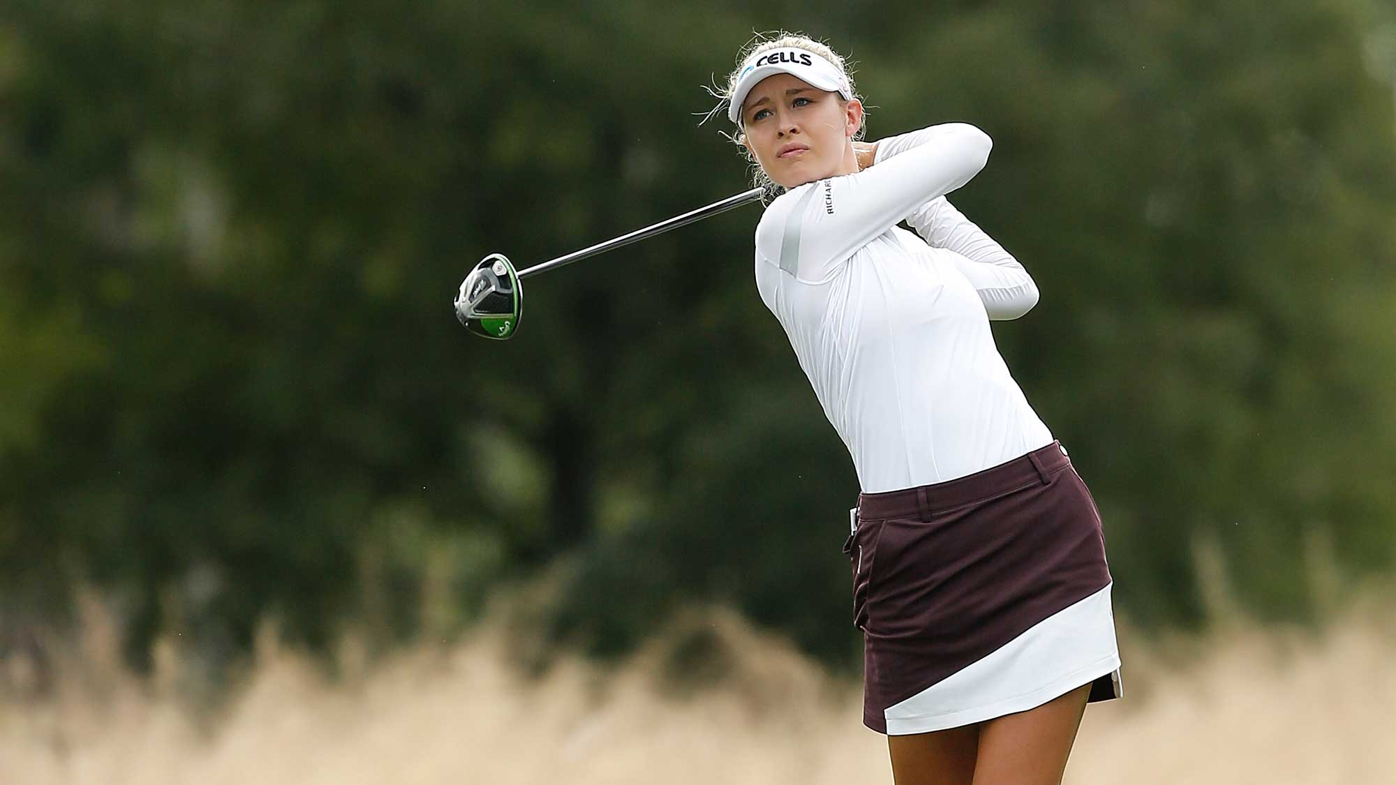 Nelly Korda plays her shot from the third tee during the final round of the on LPGA CME Group Tour Championship