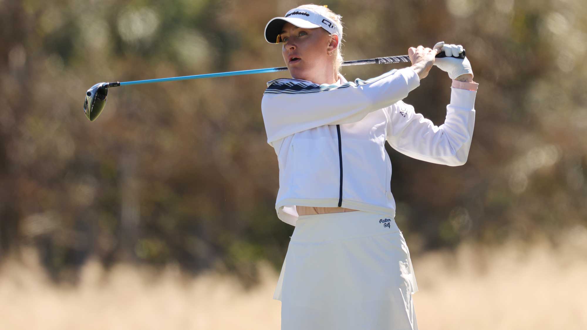 Charley Hull of England plays her shot from the third tee during the third round of the CME Group Tour Championship 2024 at Tiburon Golf Club on November 23, 2024 in Naples, Florida. 