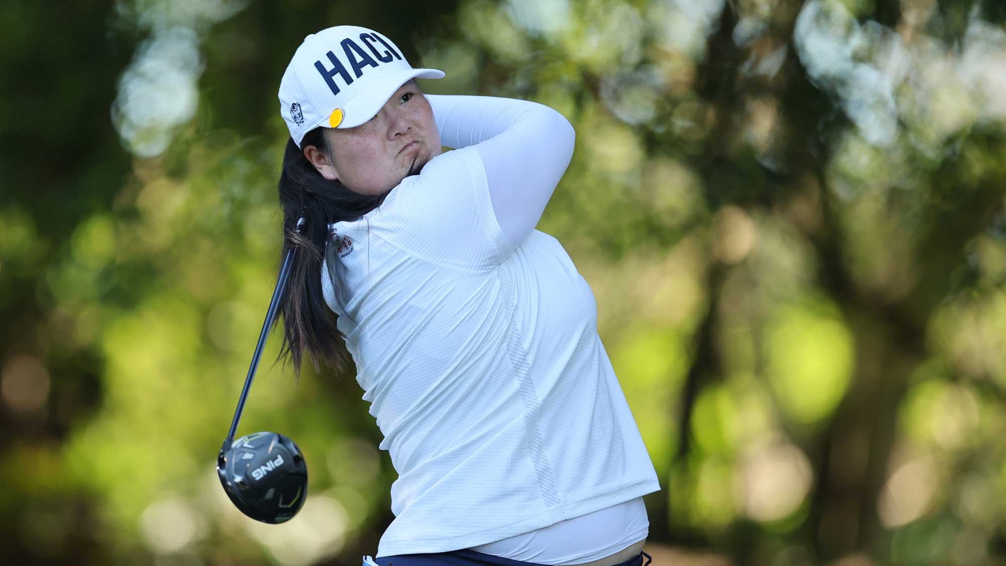  Angel Yin of the United States plays her shot from the 15th tee during the third round of the CME Group Tour Championship 2024 at Tiburon Golf Club on November 23, 2024 in Naples, Florida.