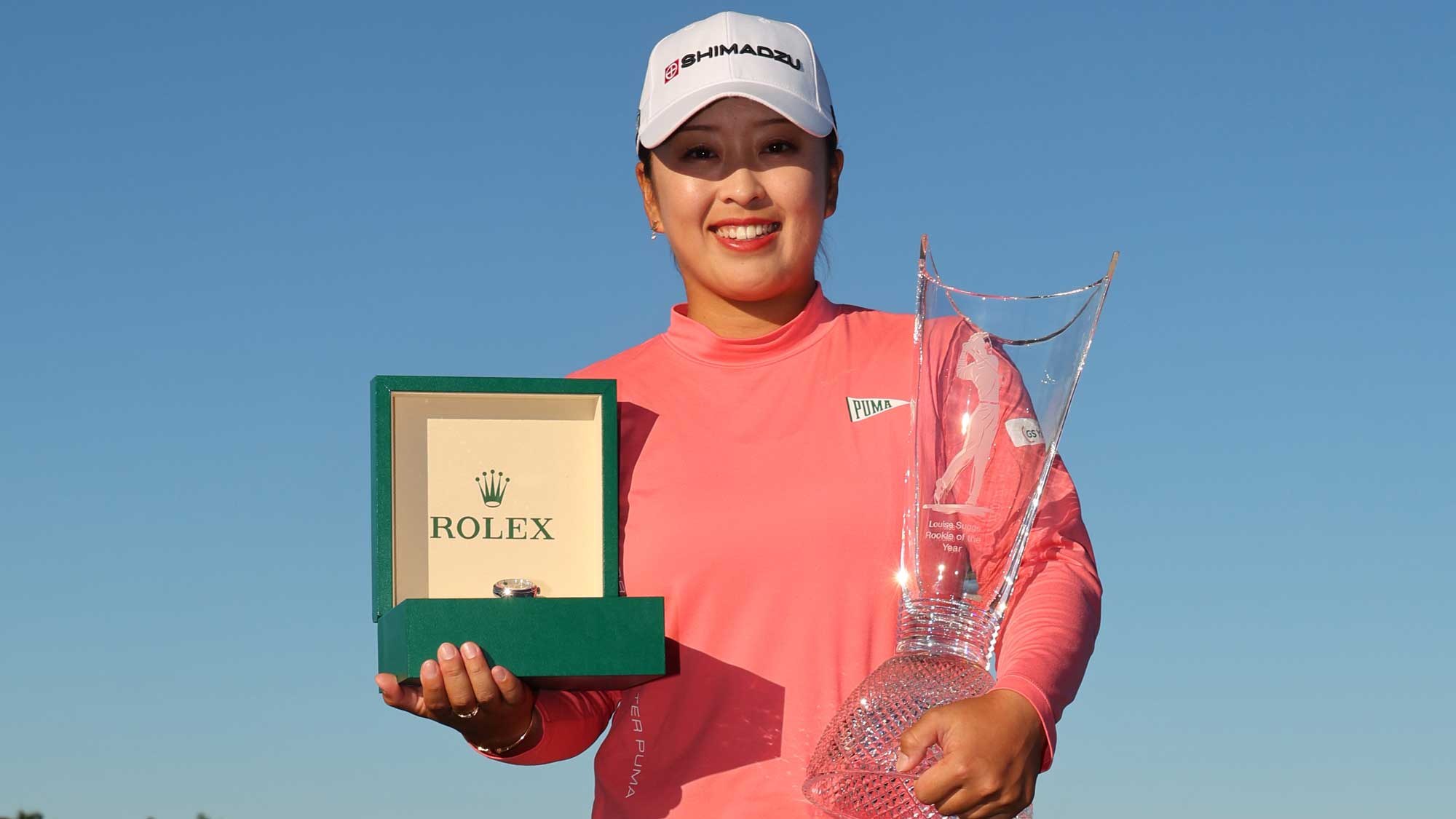 Mao Saigo of Japan poses with the Louise Suggs Rolex Rookie of the Year Award after the final round of the CME Group Tour Championship 2024 at Tiburon Golf Club on November 24, 2024 in Naples, Florida.