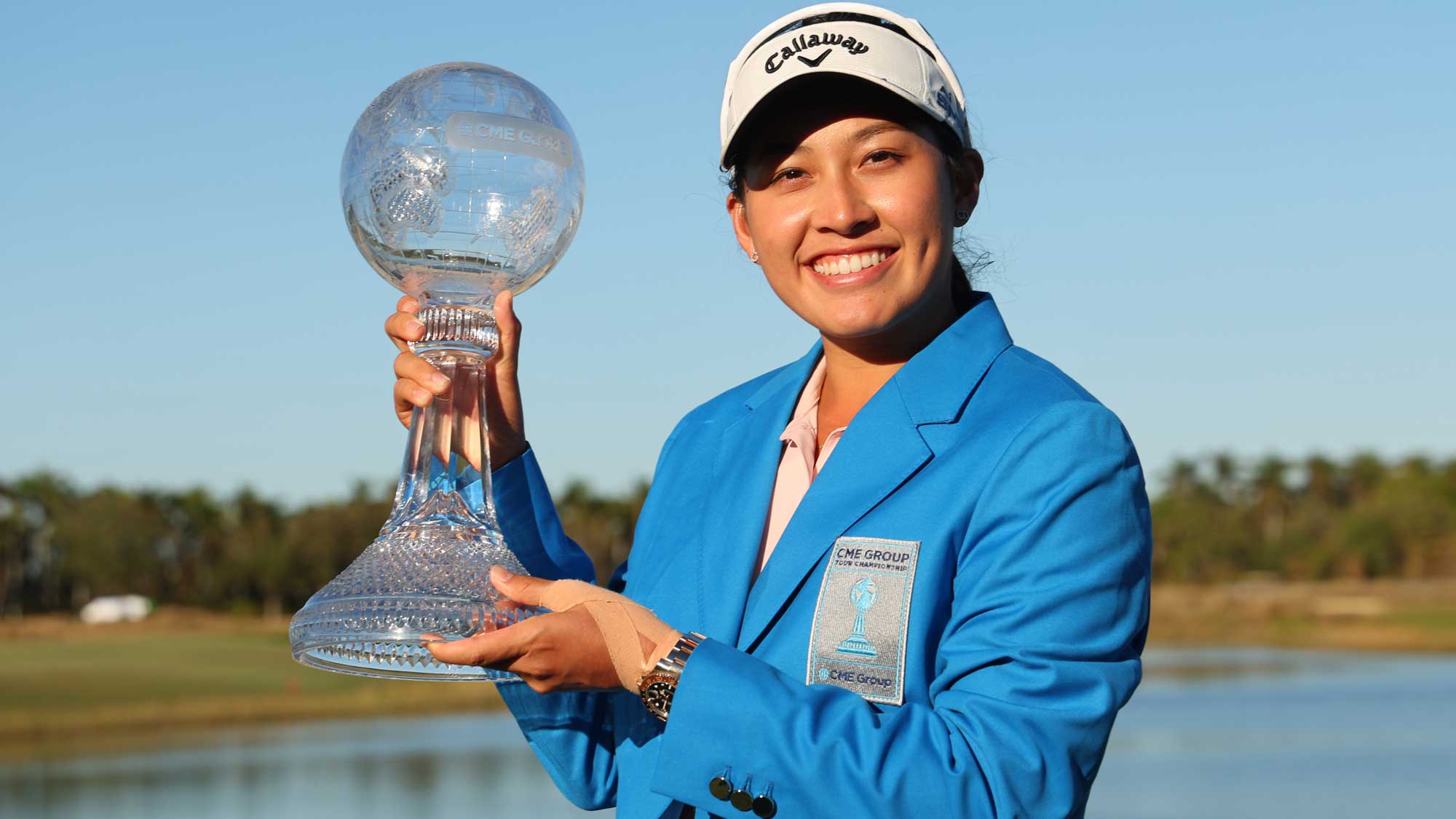 Jeeno Thitikul of Thailand poses with the trophy after winning the CME Group Tour Championship 2024 at Tiburon Golf Club on November 24, 2024 in Naples, Florida.