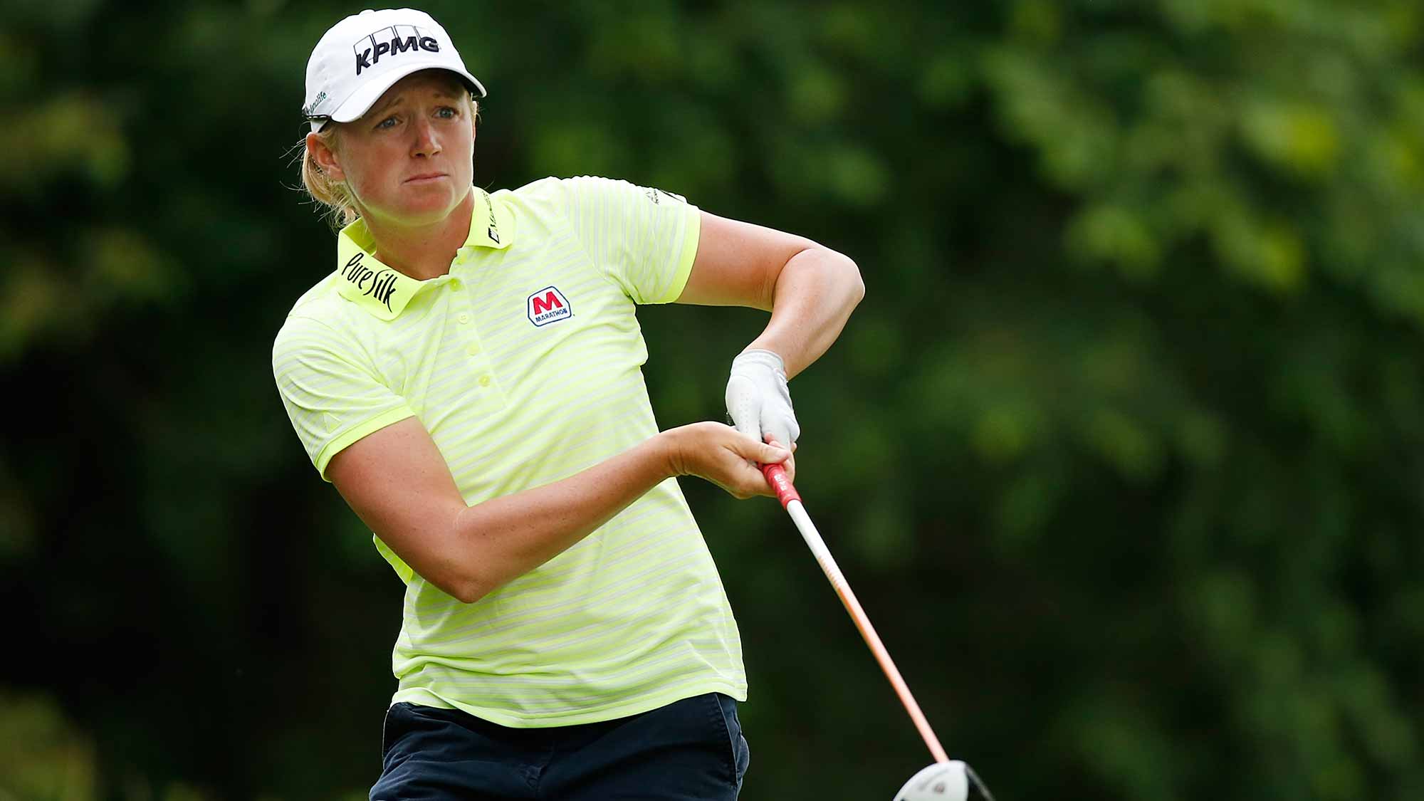 Stacy Lewis watches her tee shot on the ninth hole during the first round of the Marathon Classic presented by Owens Corning and O-I at Highland Meadows Golf Club