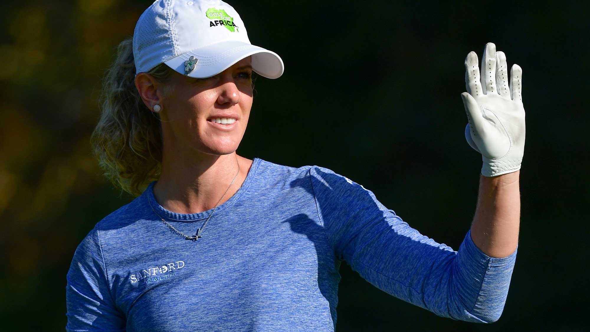 Amy Olson of USA waves during the third round of The Evian Championship