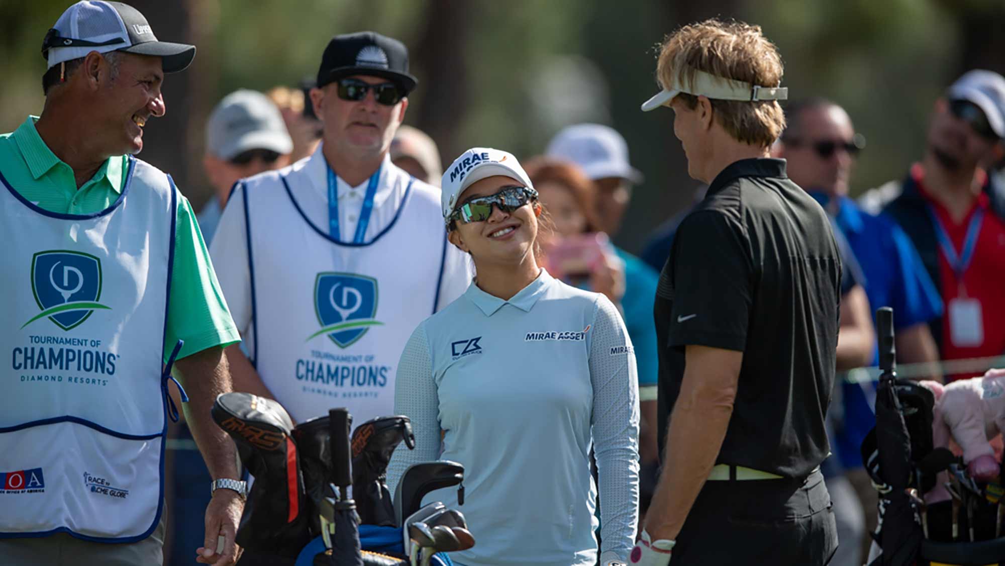 Sei Young Kim smiles while talking with playing partner Jack Wagner during the third round of the Diamond Resorts Tournament of Champions