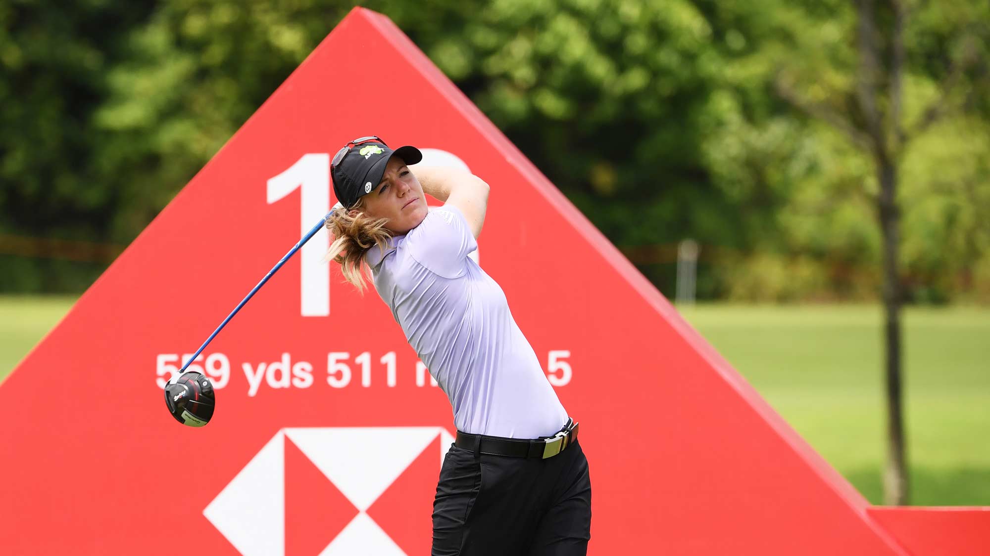  Amy Olson of the United States plays her shot from the 16th tee during the second round of the HSBC Women's World Championship at Sentosa Golf Club on March 01, 2019 in Singapore. 