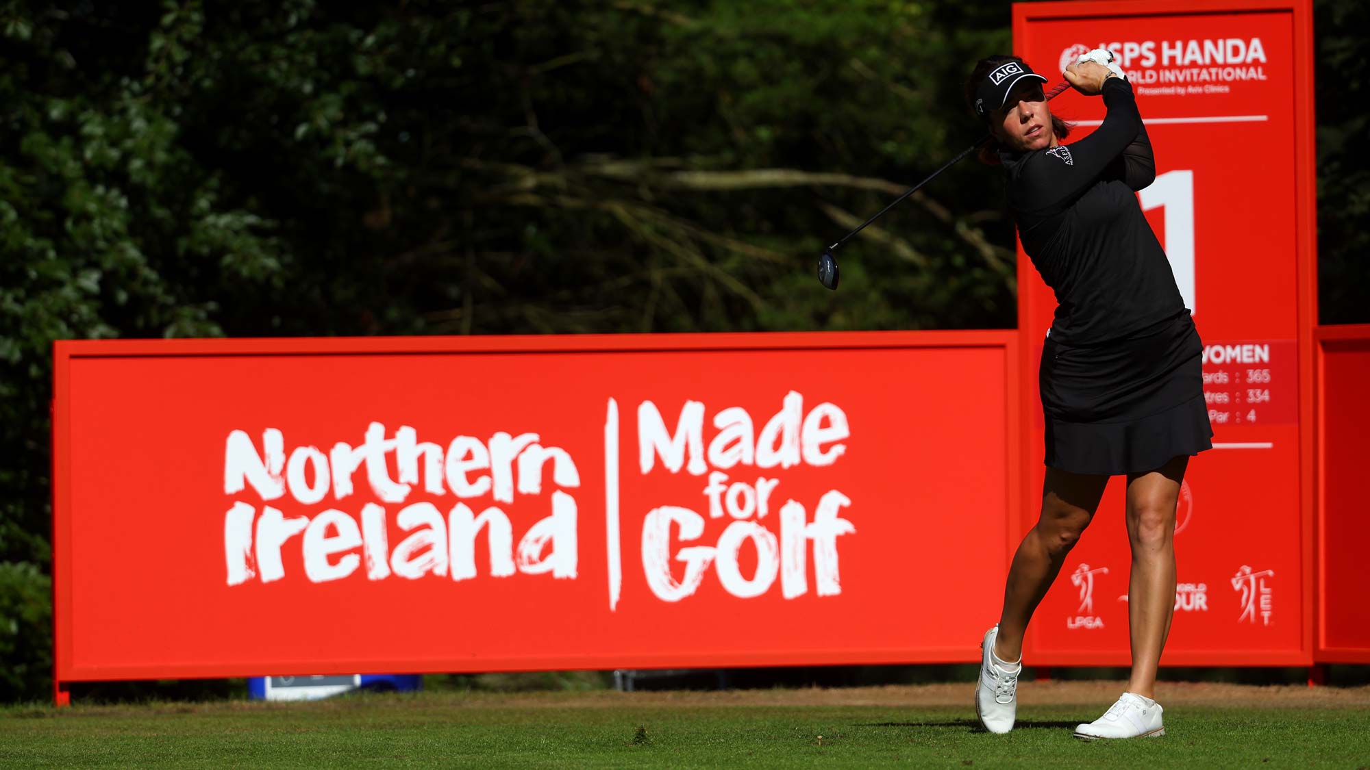 Georgia Hall of England tees off on the 1st hole during Day Two of the ISPS Handa World Invitational presented by AVIV Clinics