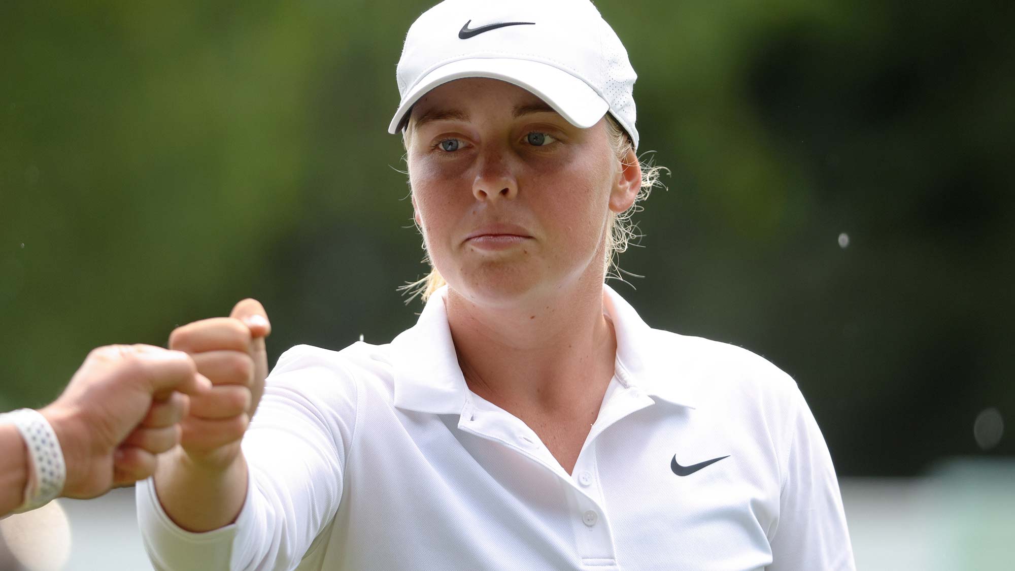 Maja Stark of Sweden reacts on the 5th hole during Day Four of the ISPS Handa World Invitational presented by AVIV Clinics 