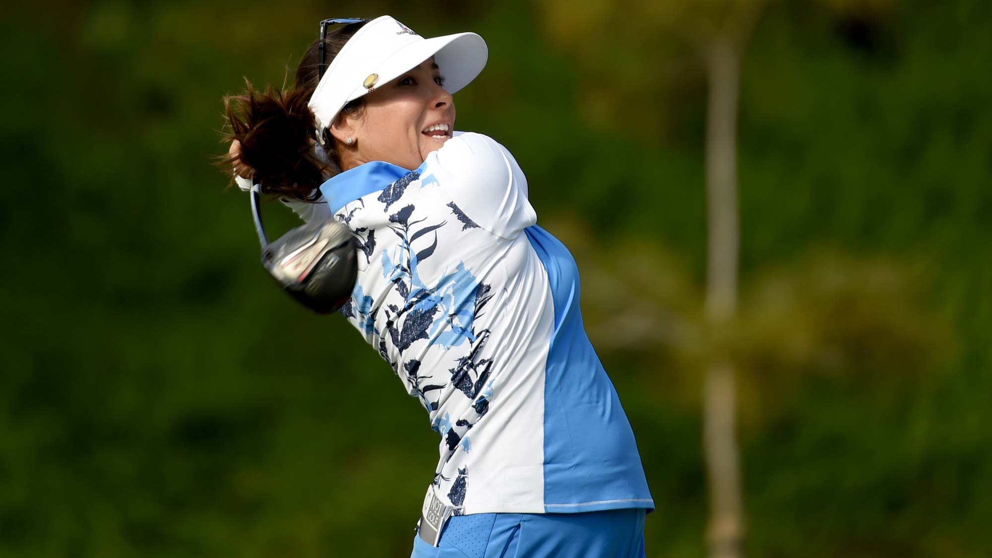 Mariajo Uribe of Colombia hits her tee shot on the 17th hole during Round One of the Kia Classic