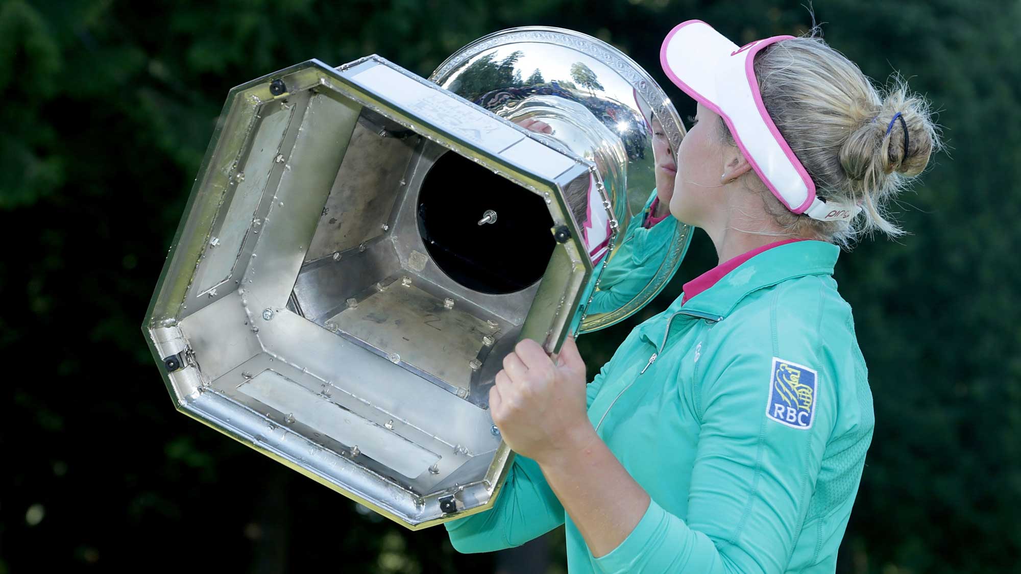 Brooke Henderson of Canada poses with the trophy after winning the KPMG Women's PGA Championship 