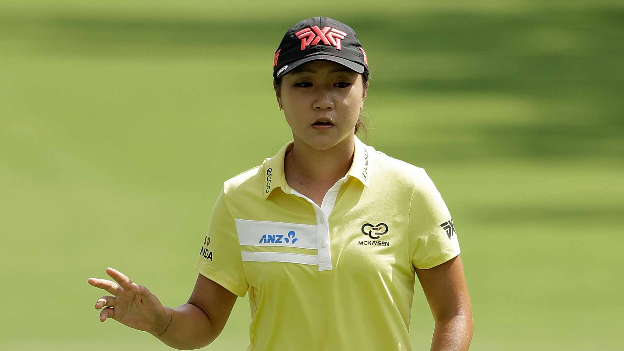 Lydia Ko of New Zealand waves to the crowd following a birdie on the sixth green during the second round of the 2017 KPMG PGA Championship at Olympia Fields