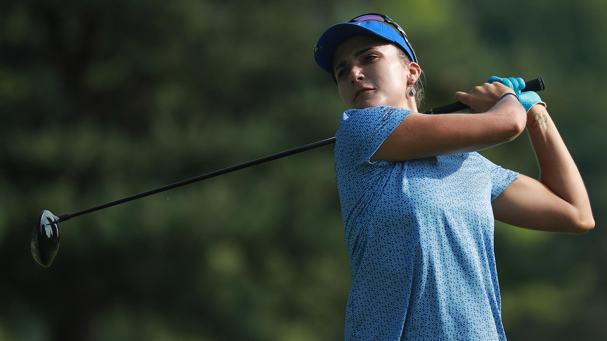 Lexi Thompson hits her tee shot on the fifth hole during the final round of the KPMG Women's PGA Championship